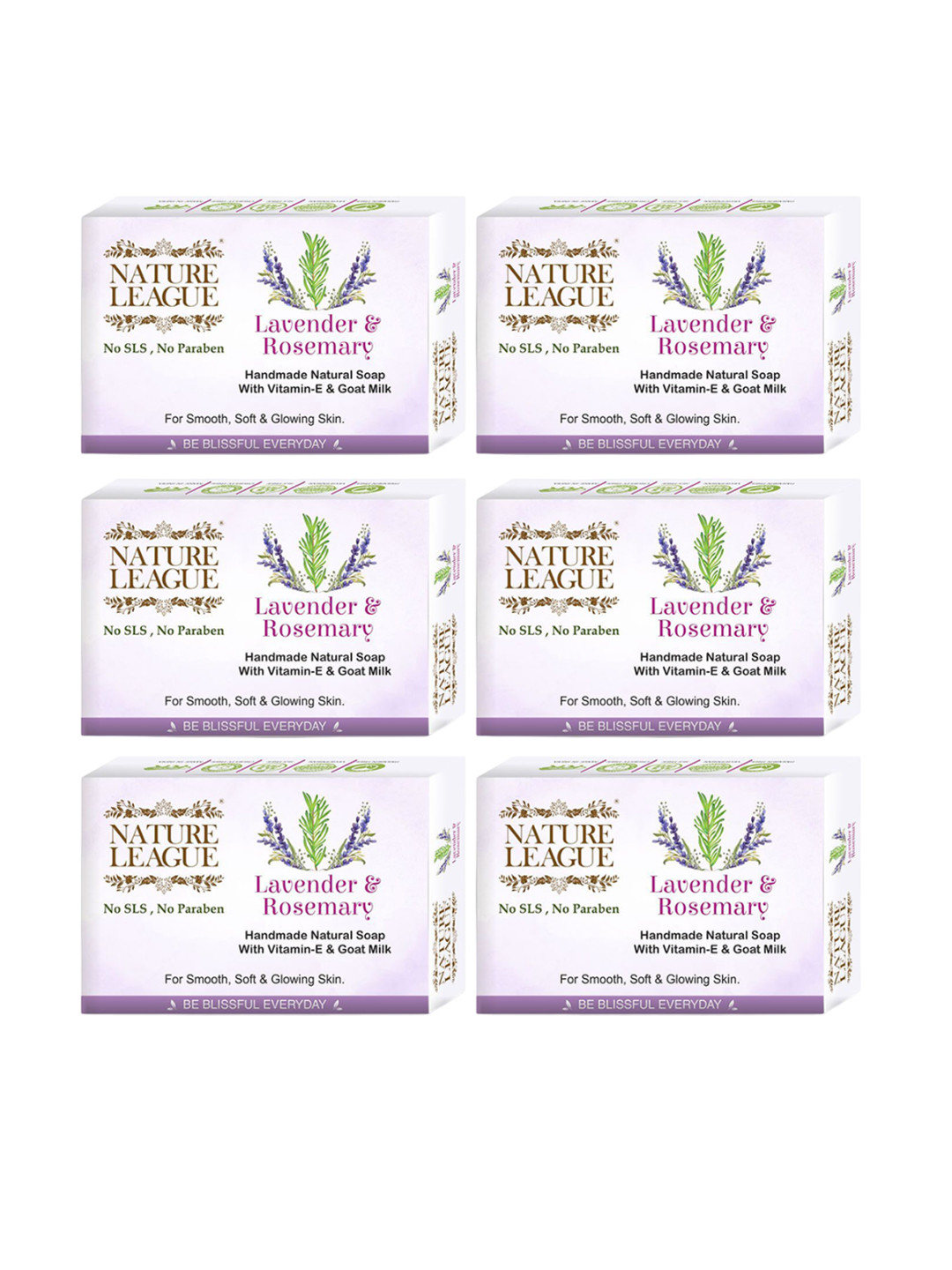 NATURE LEAGUE Set Of 6 Lavender & Rosemary Soap With Vitamin E - 100 g Each