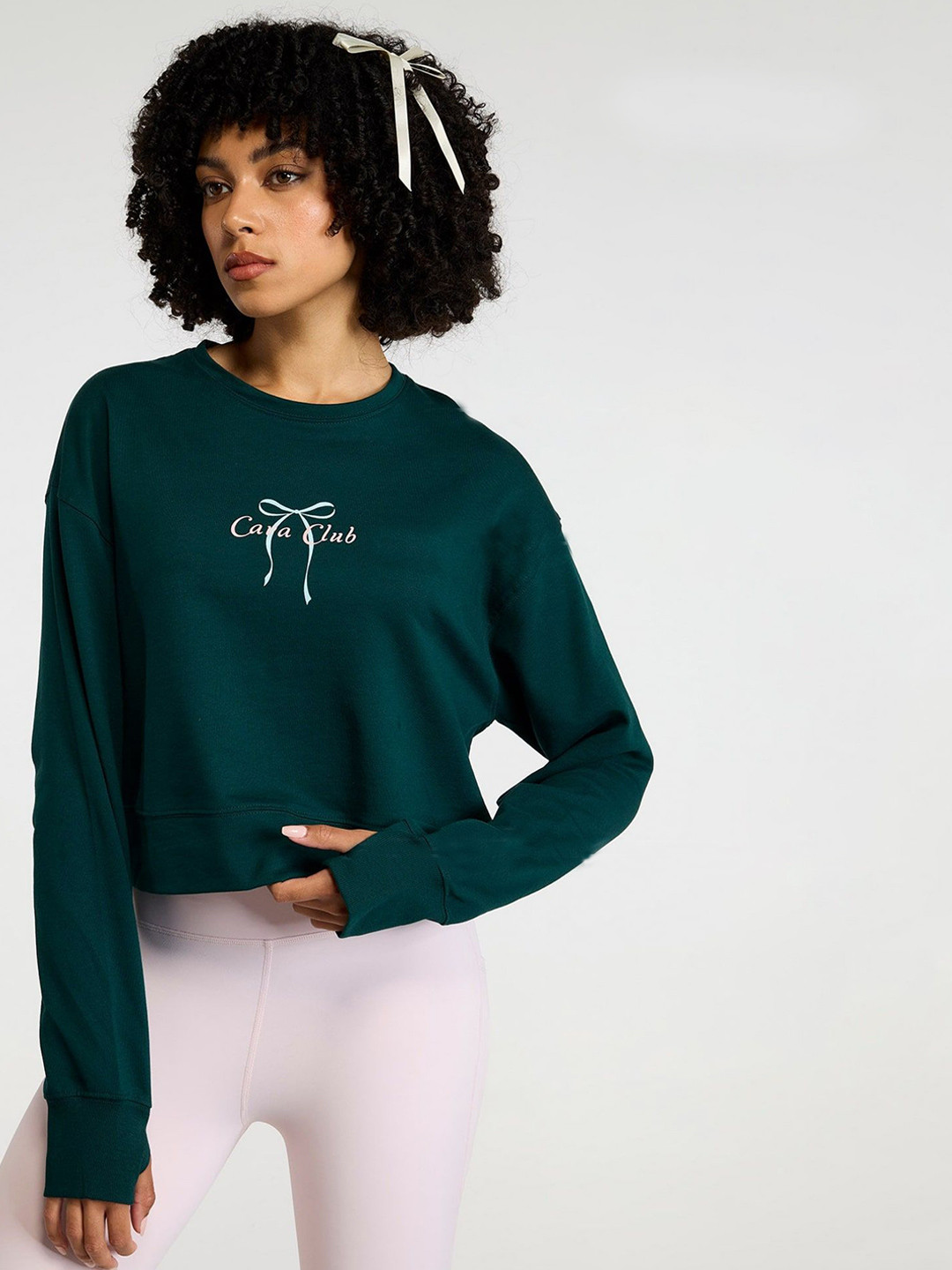 CAVA Women Pine Pilates Club Cropped Cotton Sweatshirt with Thumbholes