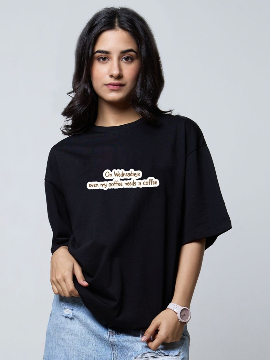 DKY Typography Printed Drop-Shoulder Sleeves Oversized Pure Cotton T-shirt