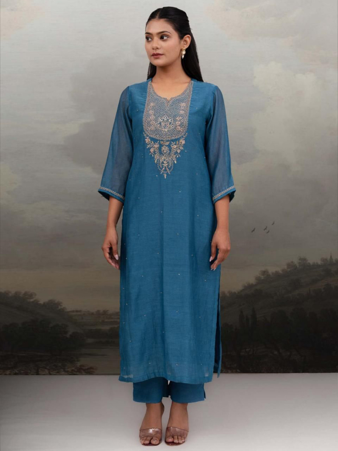 TATWA DESIGNS Women Turquoise Paech Patti Zardozi Kurta Suit Set with Dupatta