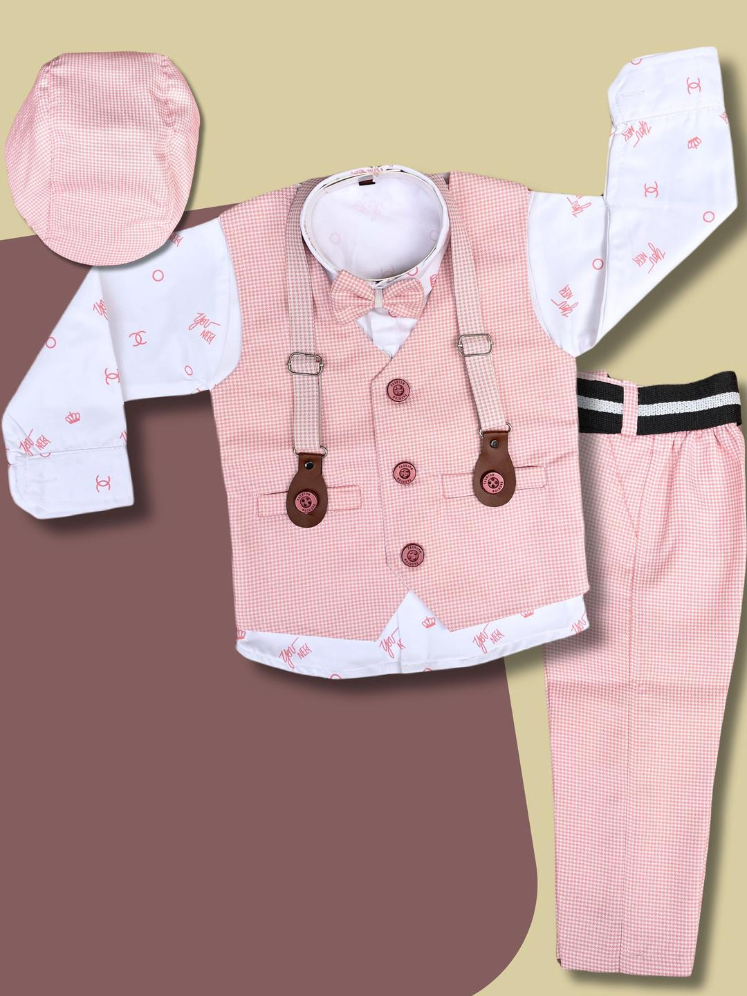 COMFORTABLE 3 PC SUIT FOR BABY BOYS SHIRT PANT WAISTCOAT BOW-TIE & CAP