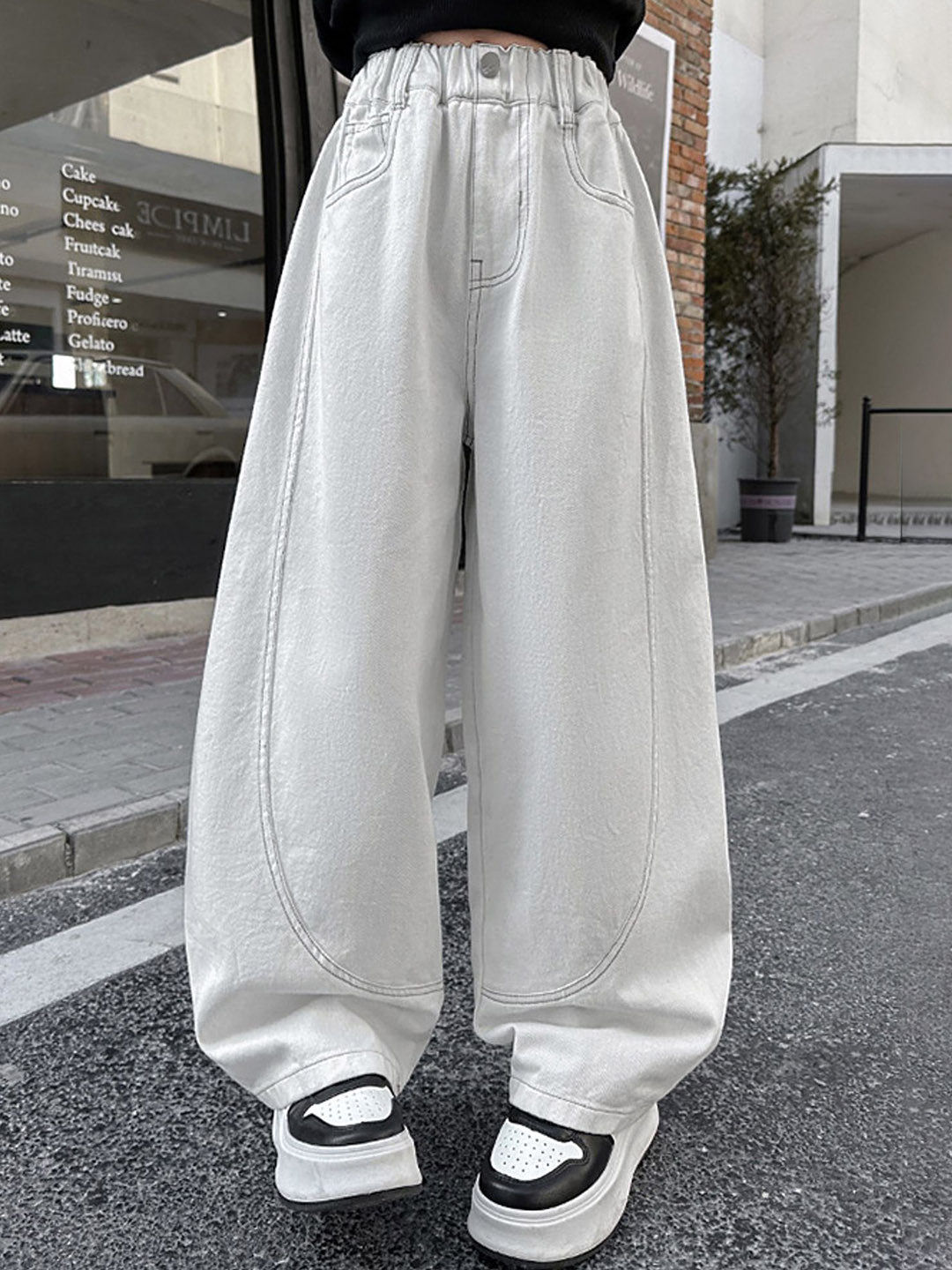 LULU & SKY Girls Baggy Fit High-Rise Contrast-stitch  Jeans