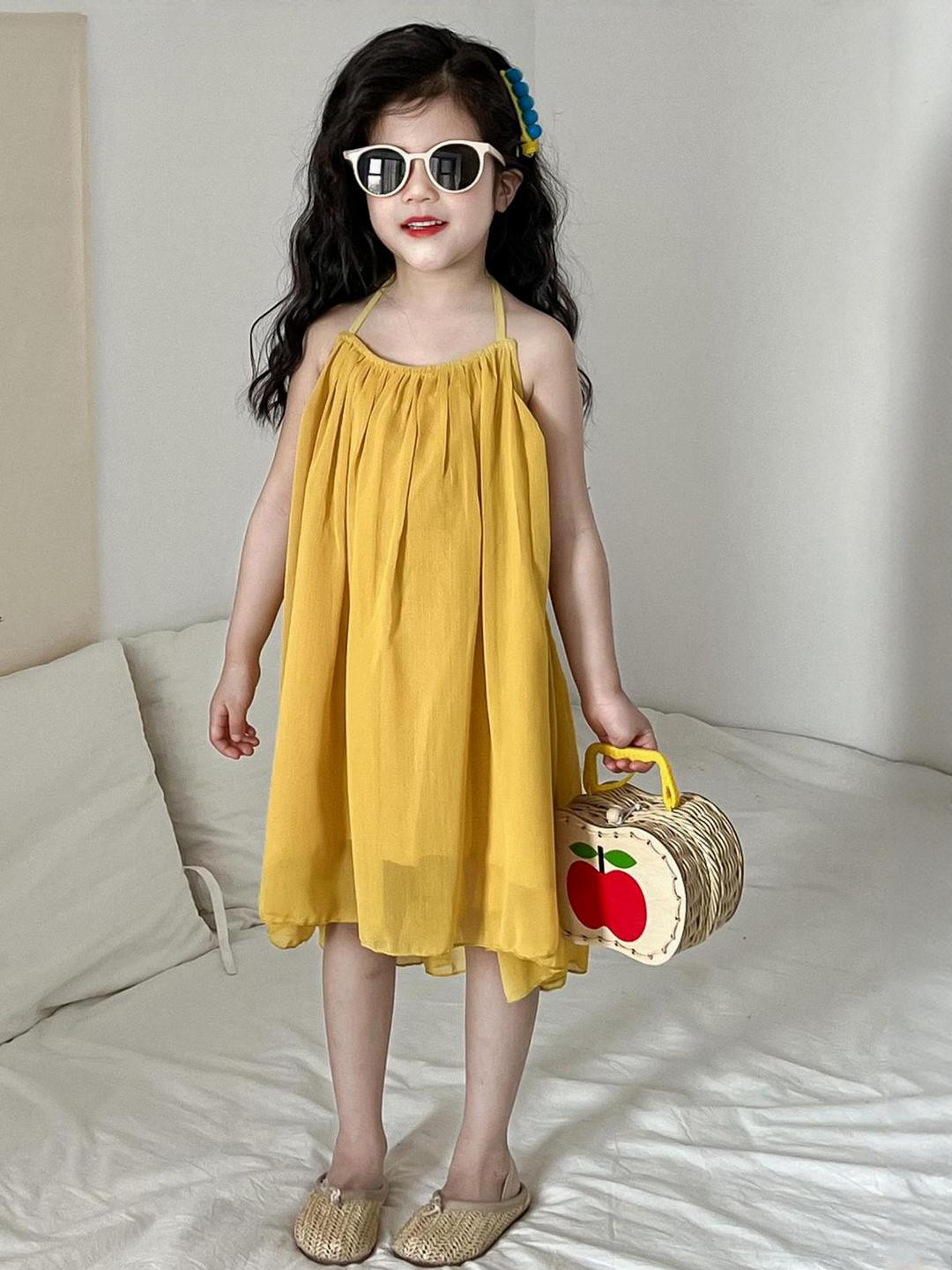 LULU & SKY Girls Gathered or Pleated Halter Neck Backless Dress