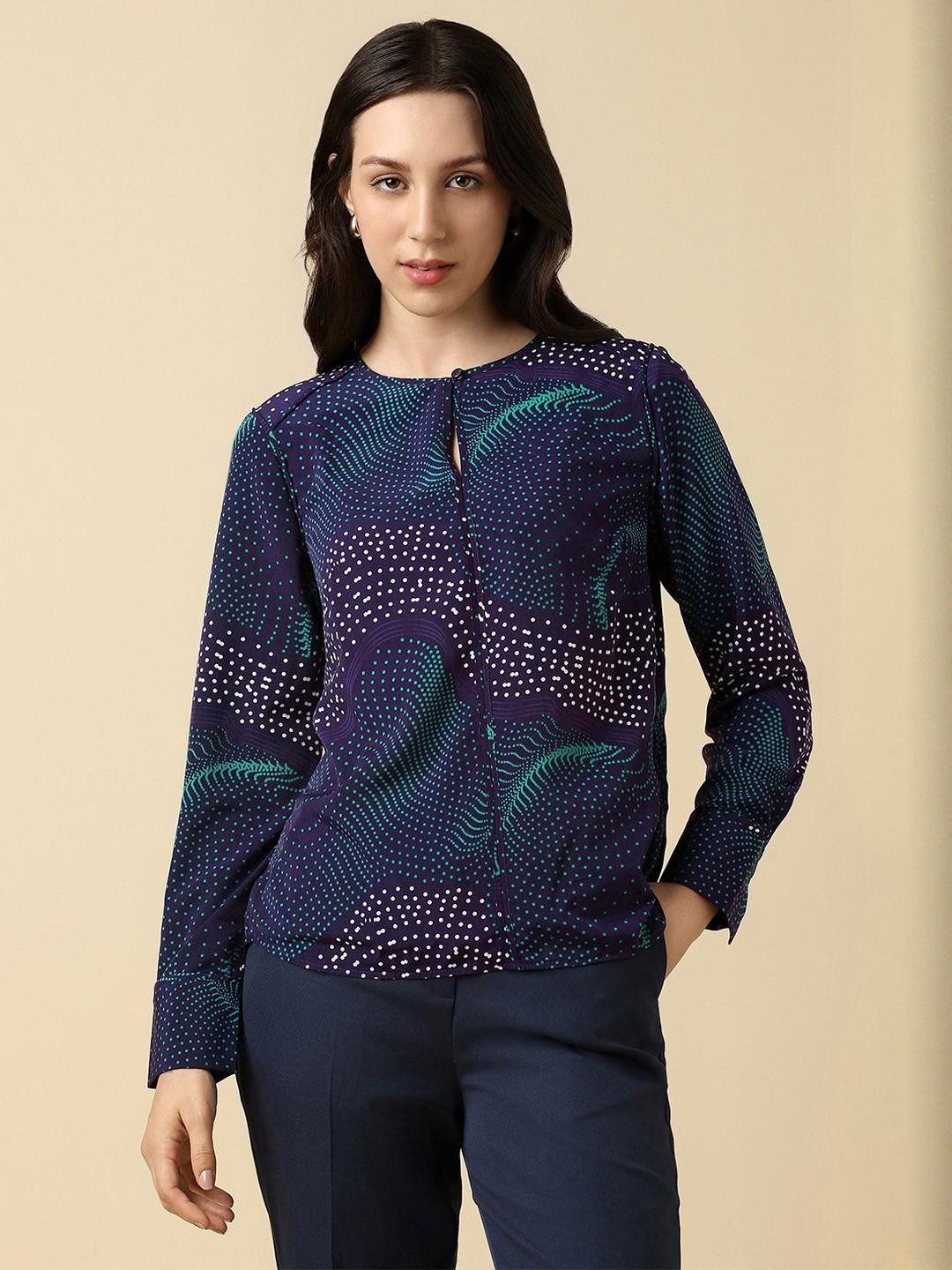 Allen Solly Woman Polka Dots Printed Round Neck Roll-Up Sleeves Formal Top