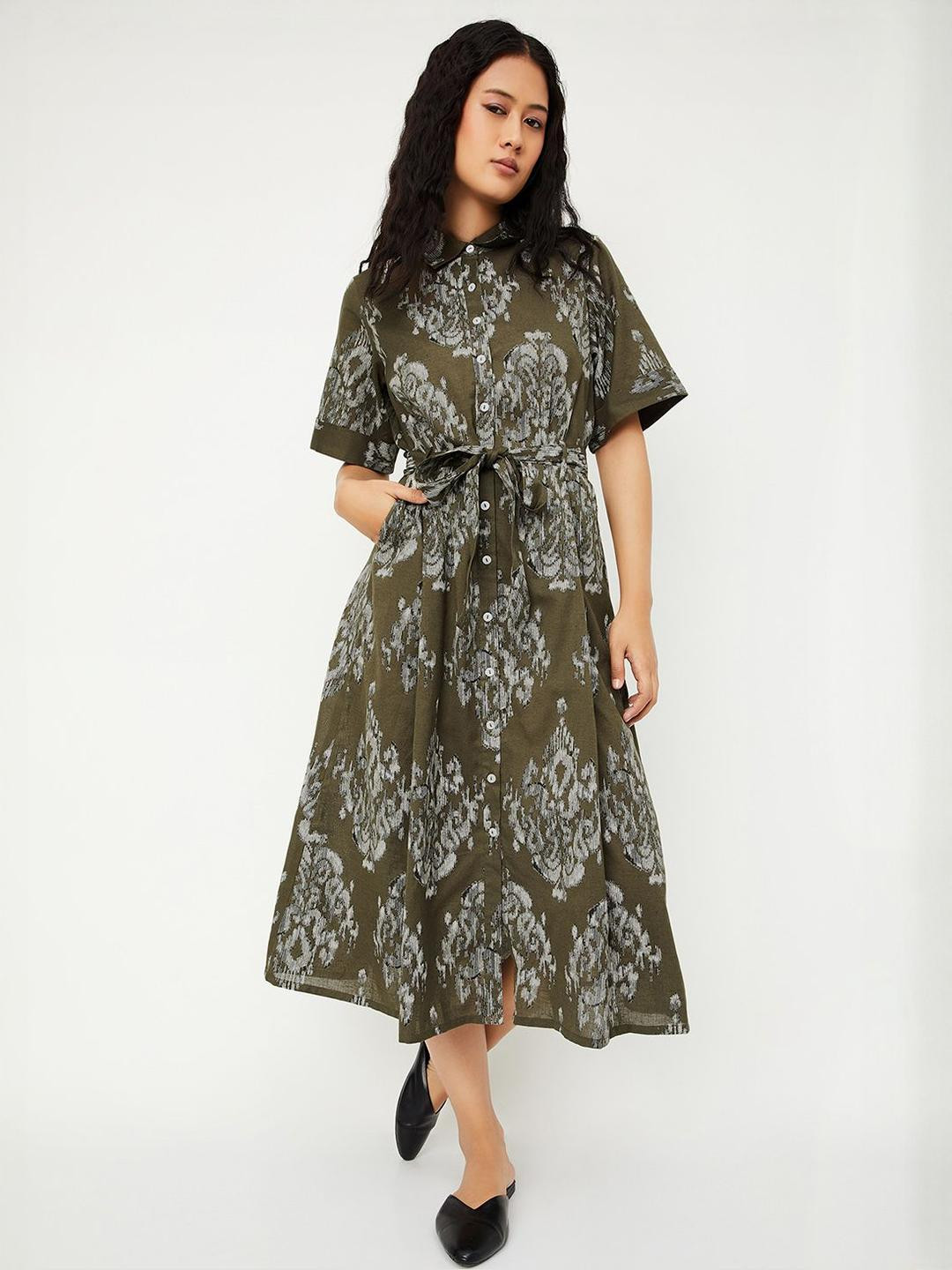 max Women Ethnic Print Shirt Collar Cotton Shirt Midi Dress