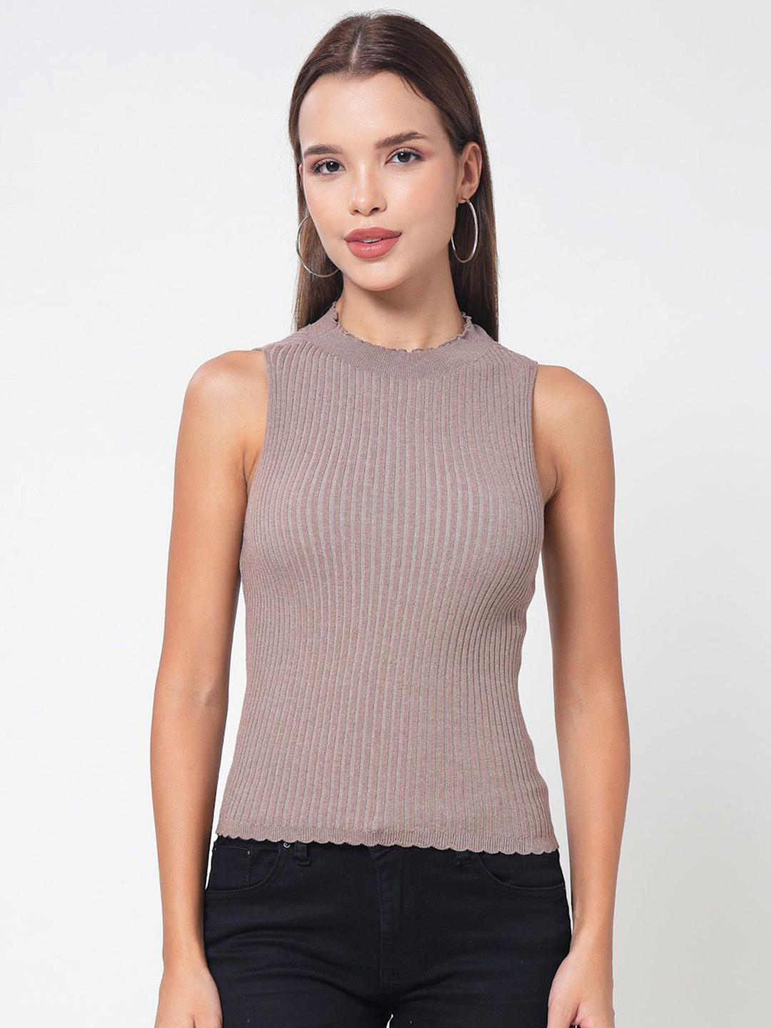 Kalt Women Ribbed High Neck Sleeveless Sweater Vest
