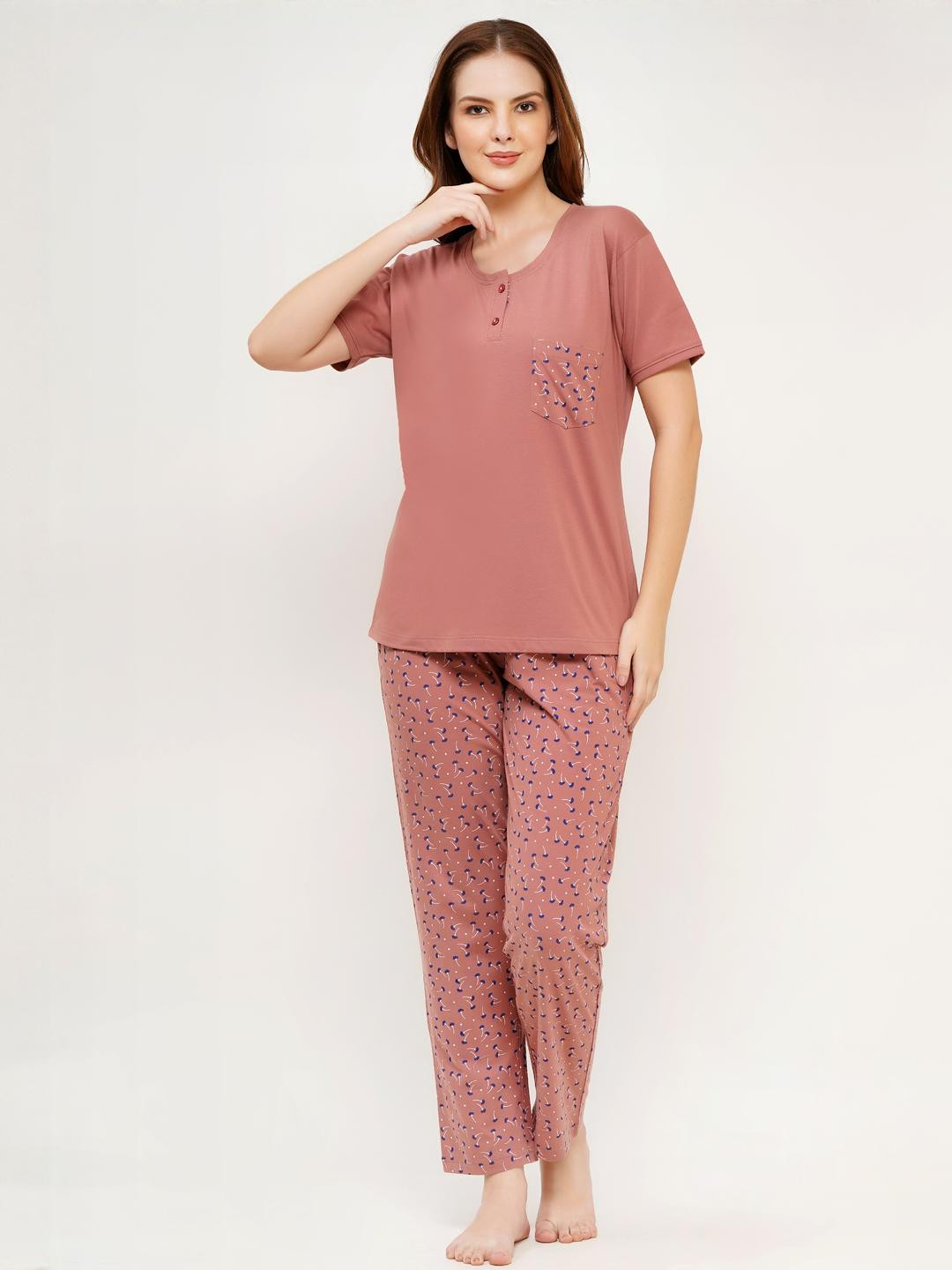 WOEMUR Women Peach Night Suit With Pyjamas