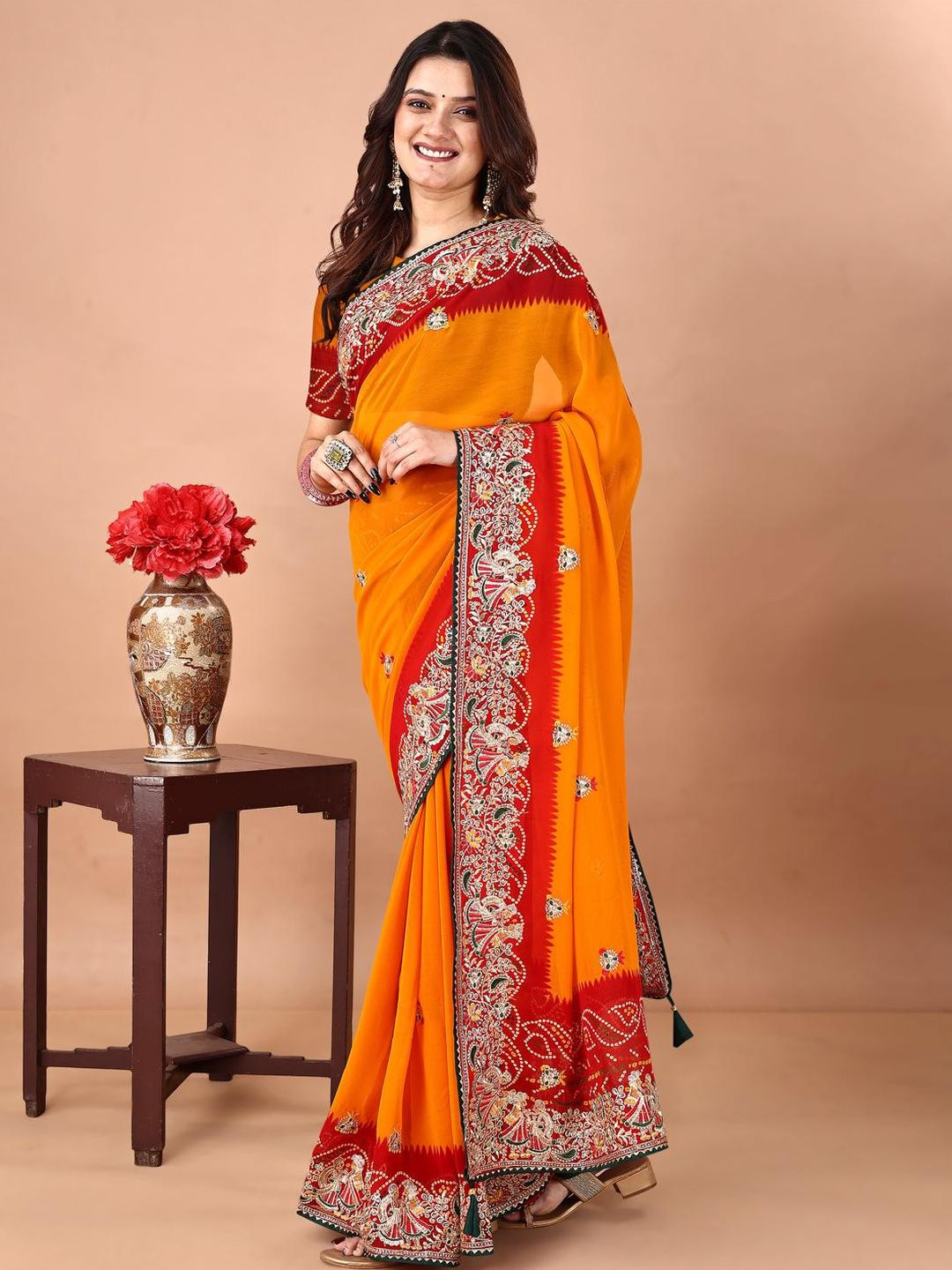 KALINI Embroidered Gotta Patti Bandhani Georgette Saree With Unstitched Blouse Piece