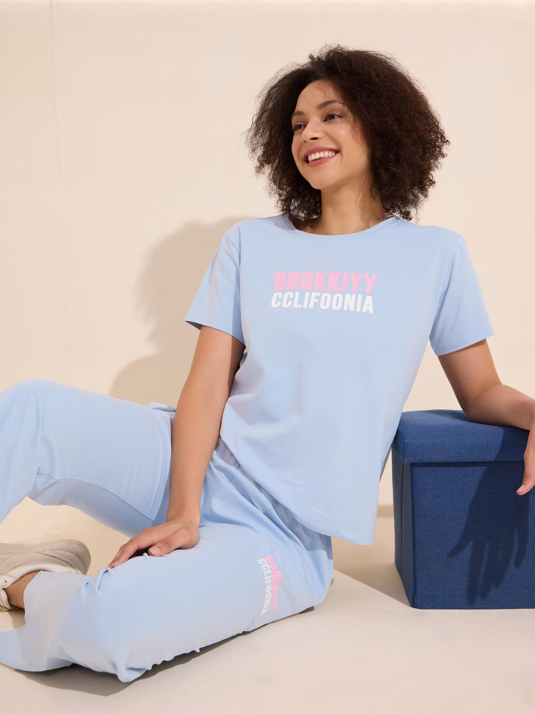 Lotik Women Light Blue Cotton Lycra Solid Bell-Bottom Night suit