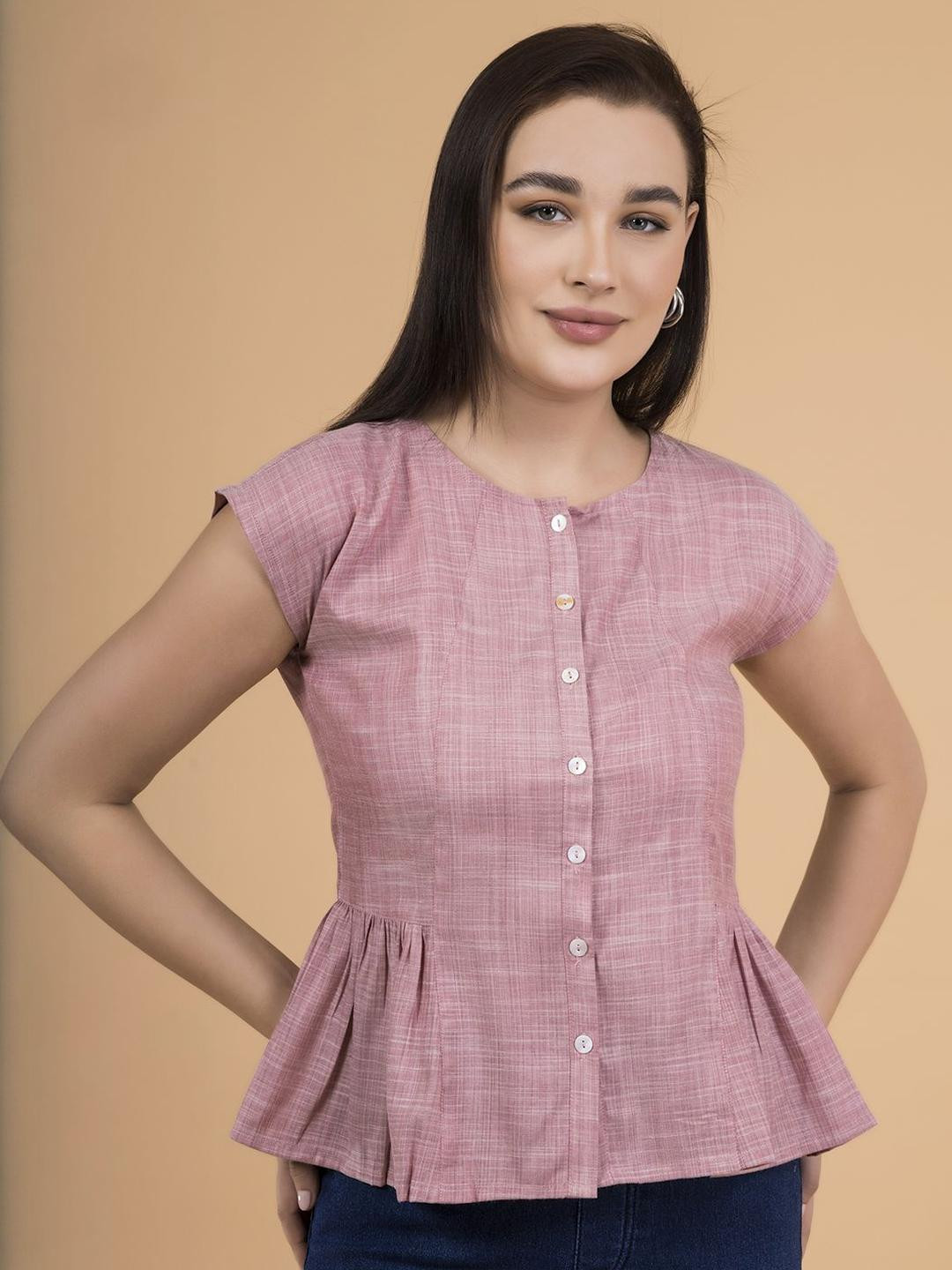 Saffron Threads Women Checked Gathered or Pleated Cap Sleeves Chambray Peplum Top