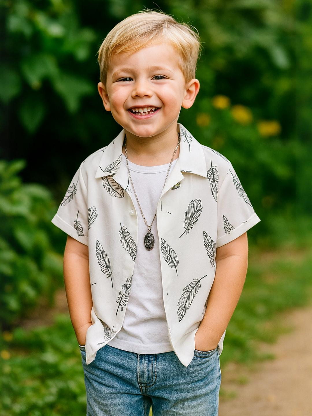AMBARDI FASHION Boys White Feather Print Casual Shirt
