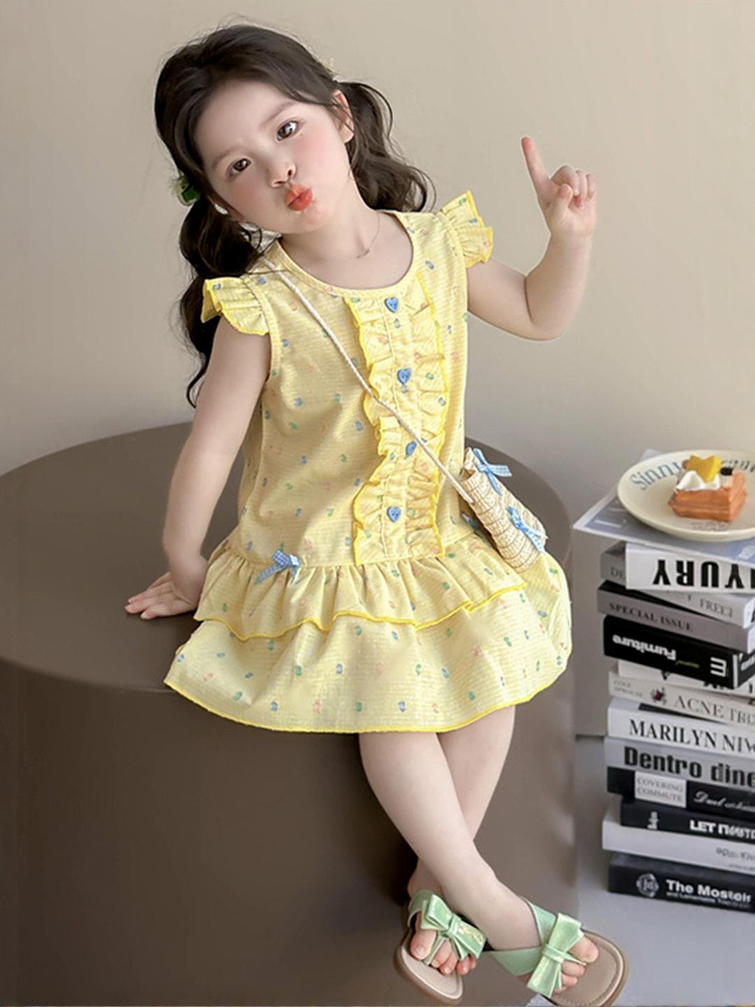 LULU & SKY Girls Printed Flutter Sleeve Ruffles Layered Drop-Waist Dress