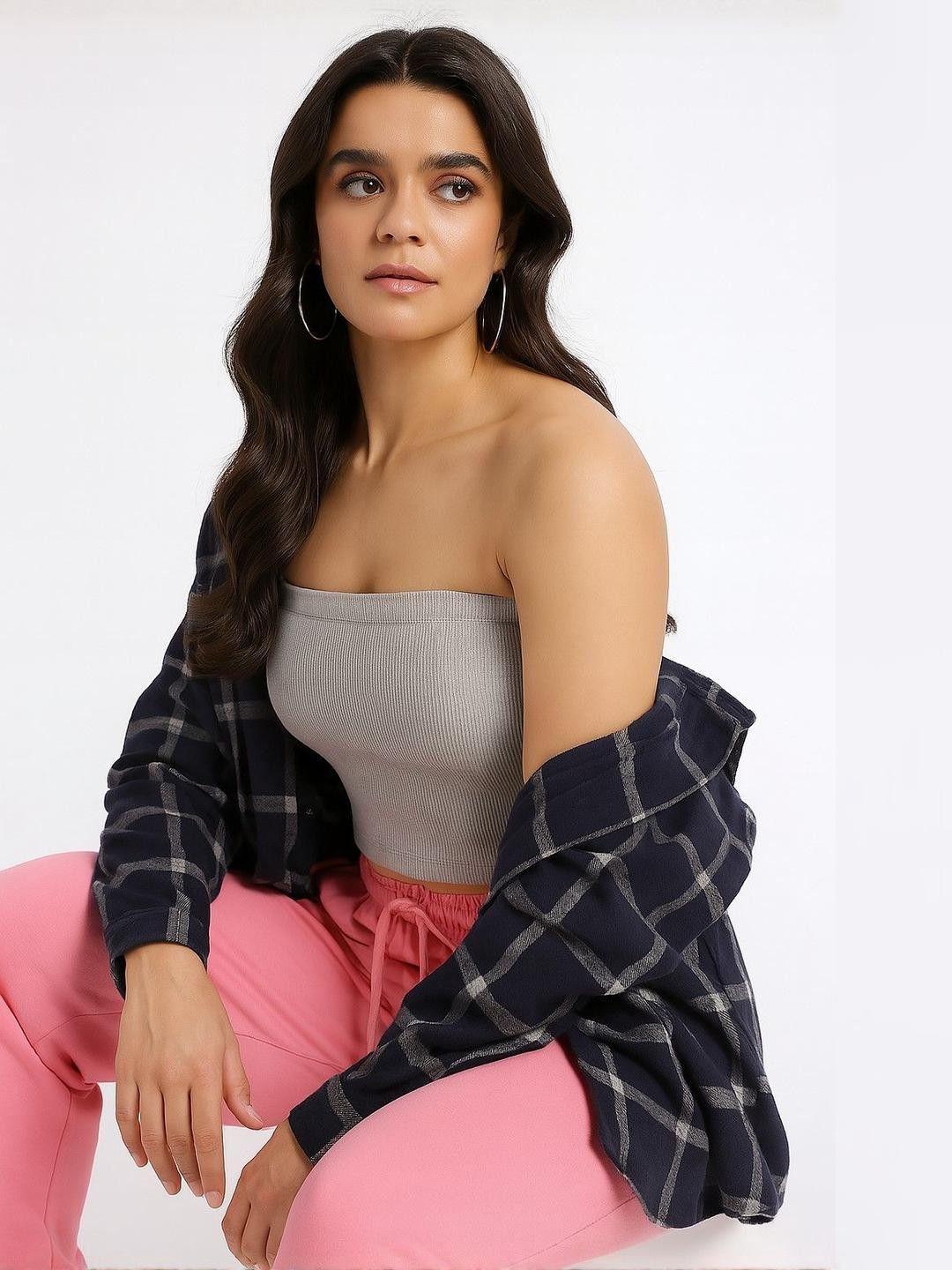 R.Code by The Roadster Life Co. Checked Off-Shoulder Cotton Crop Top