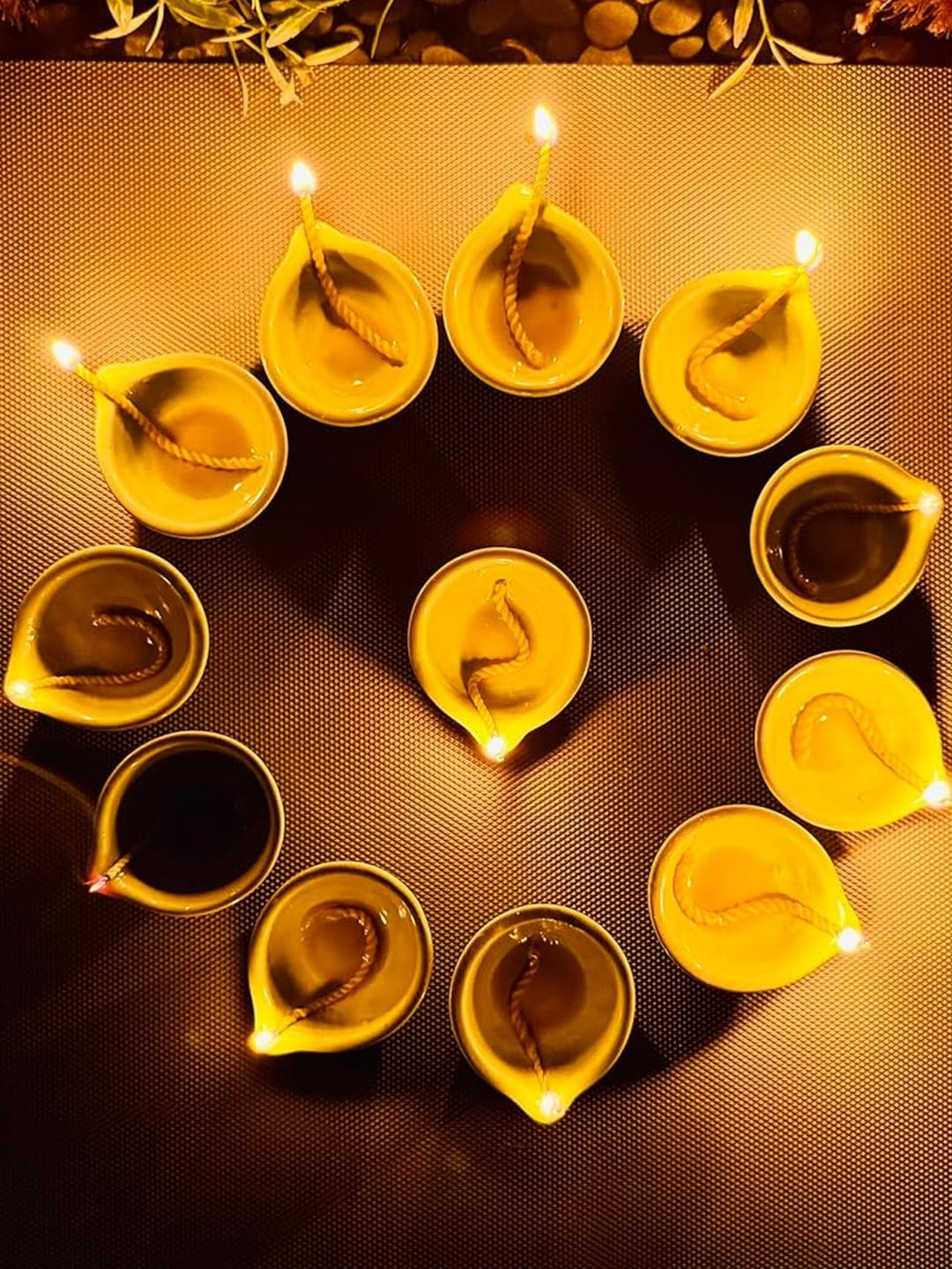 Altaica Ceramic Set of 12 Yellow Diyas Pooja Essentials