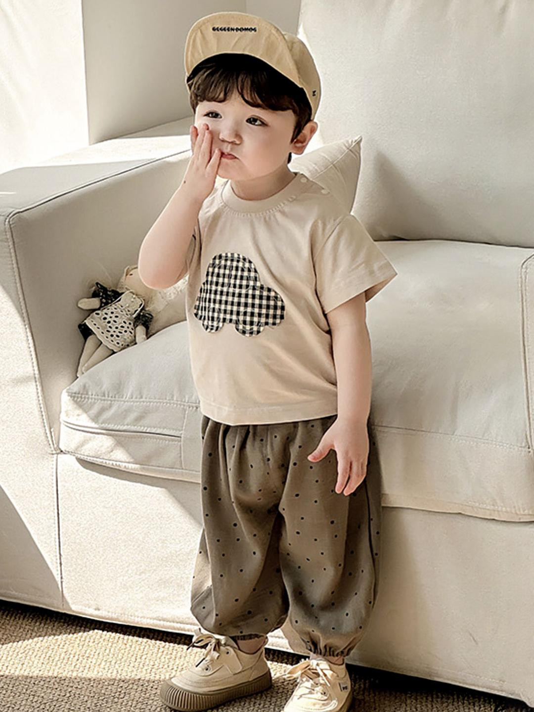 LULU & SKY Boys Checked Applique Pure Cotton T-shirt With Polka Dots Joggers
