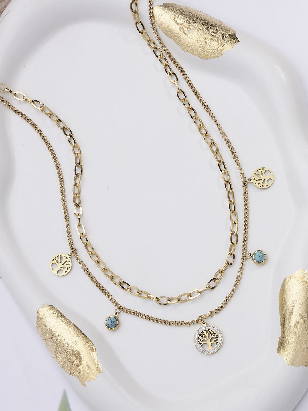 Scintillare By Sukkhi Steel Gold-Plated Crystal Studded Double Chain Minimal Necklace