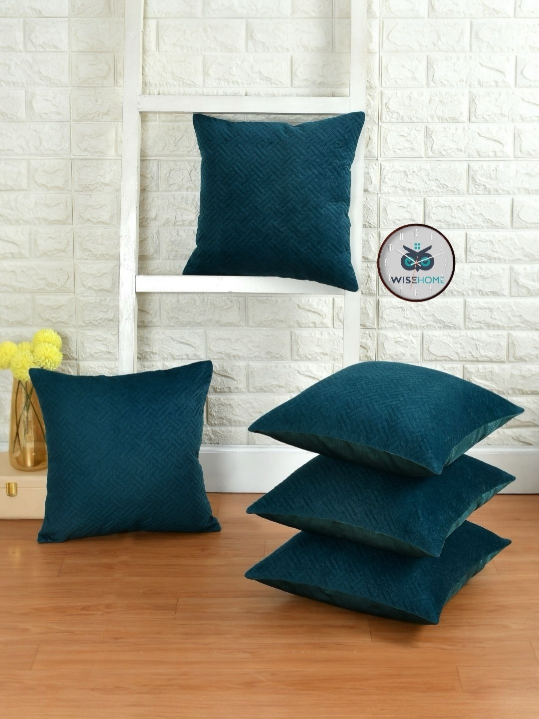 WISE HOME Set of 5 Green Square Printed Velvet Cushion Covers