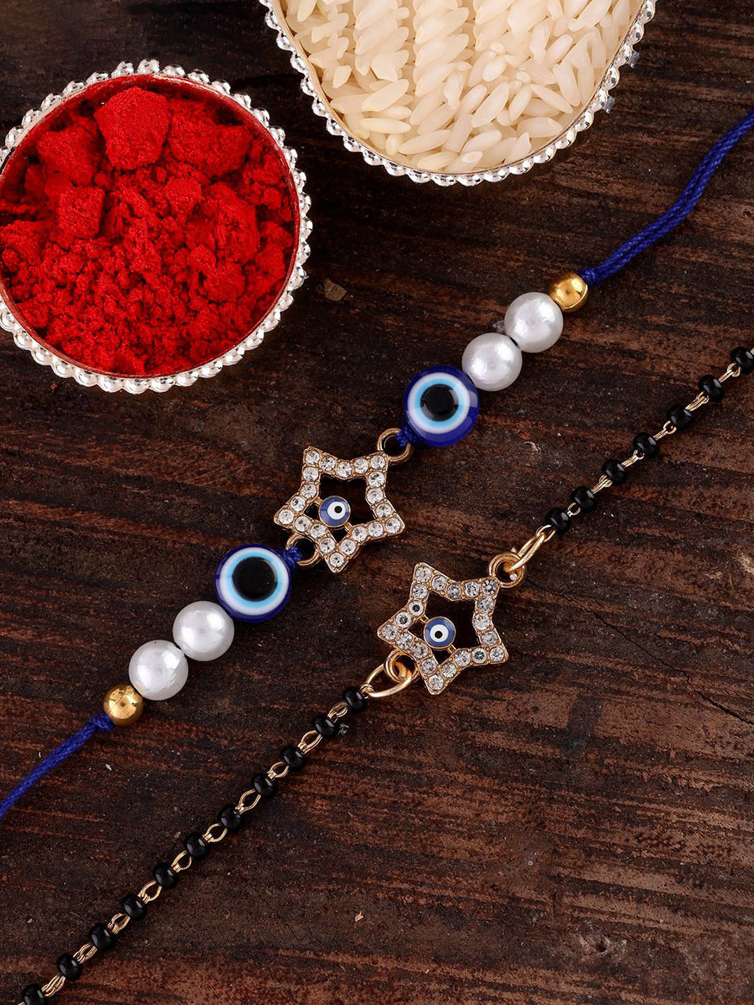 SHONA'S STYLE Stones Studded & Evil Eye Bhaiya Bhabhi Rakhi With Roli Chawal