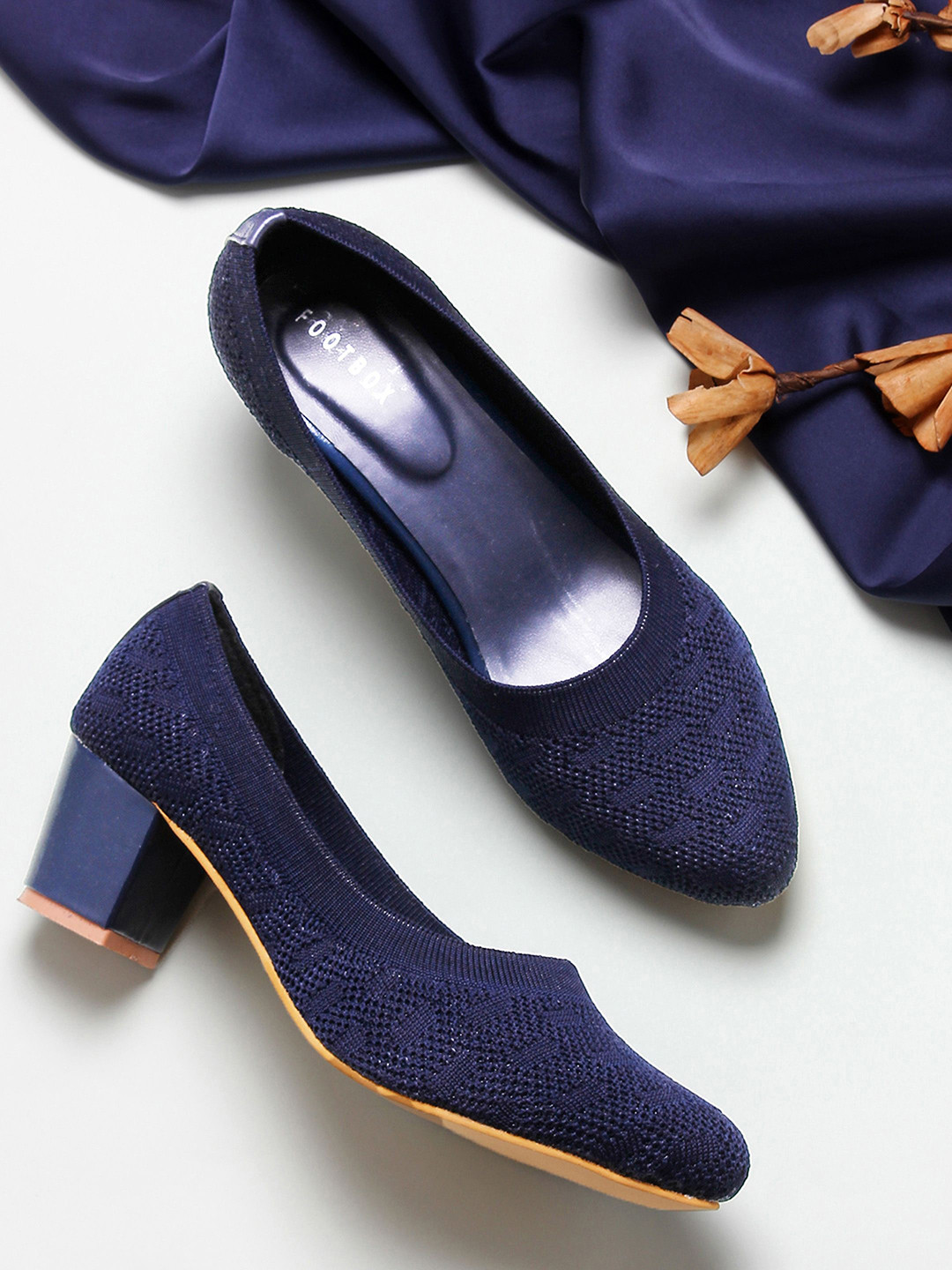 FOOTBOX Women Woven Design Pointed Toe Block Heels Pumps