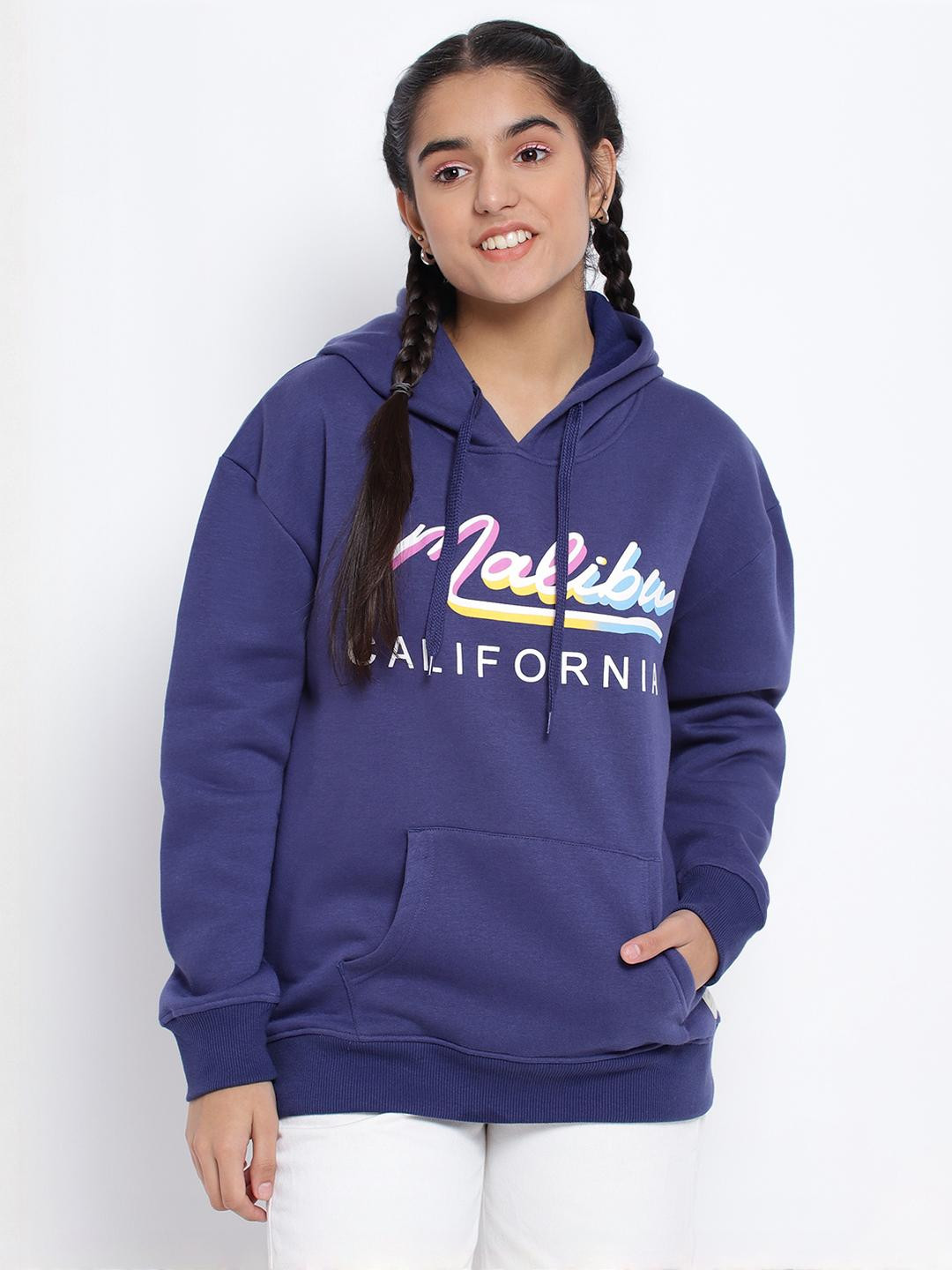 Lil Tomatoes Girls Nay Blue Graphic Printed Fleece Long Sleeves Hooded Sweatshirt