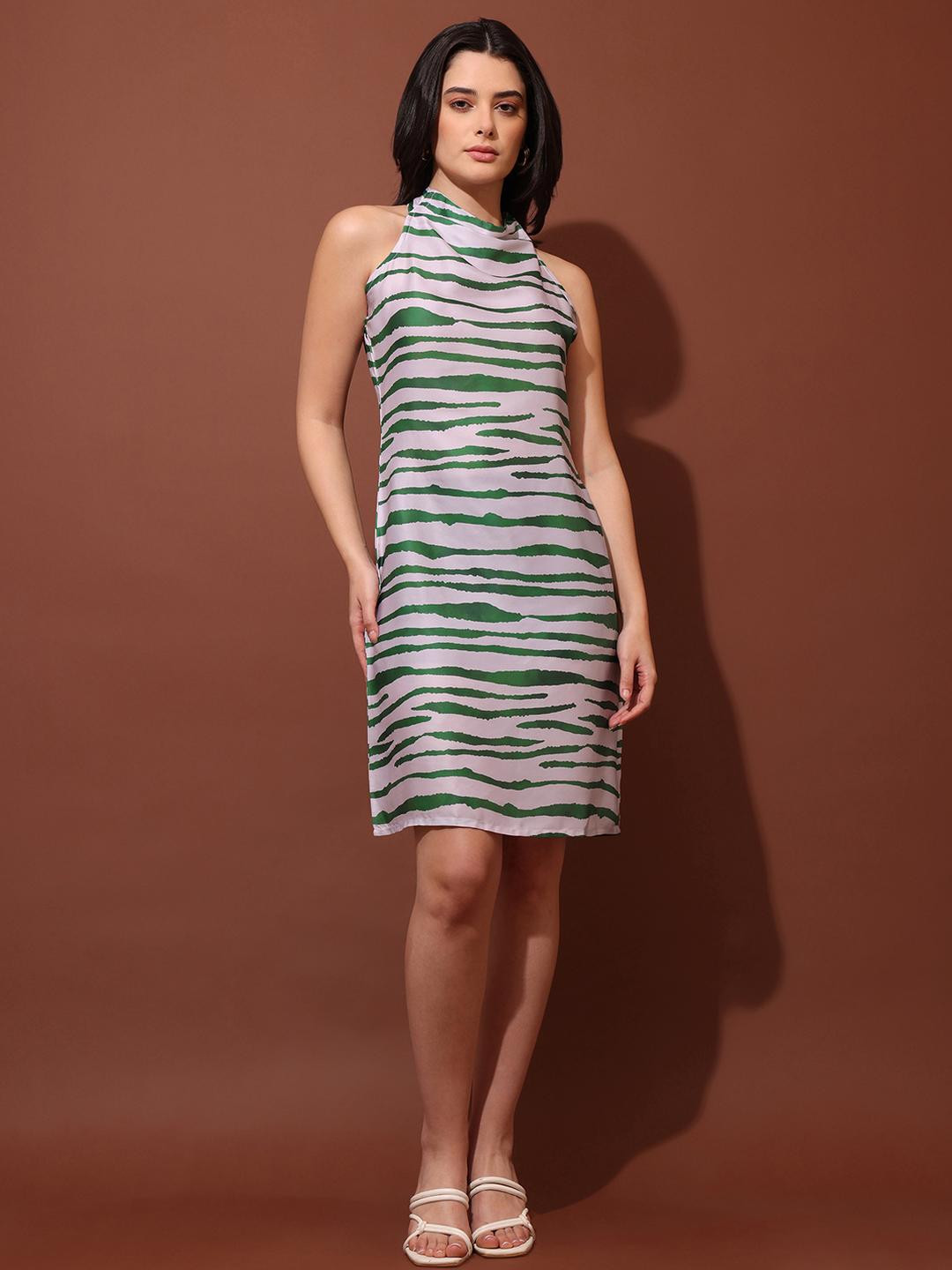 MILOST Print Satin Green A-Line Mini Dress