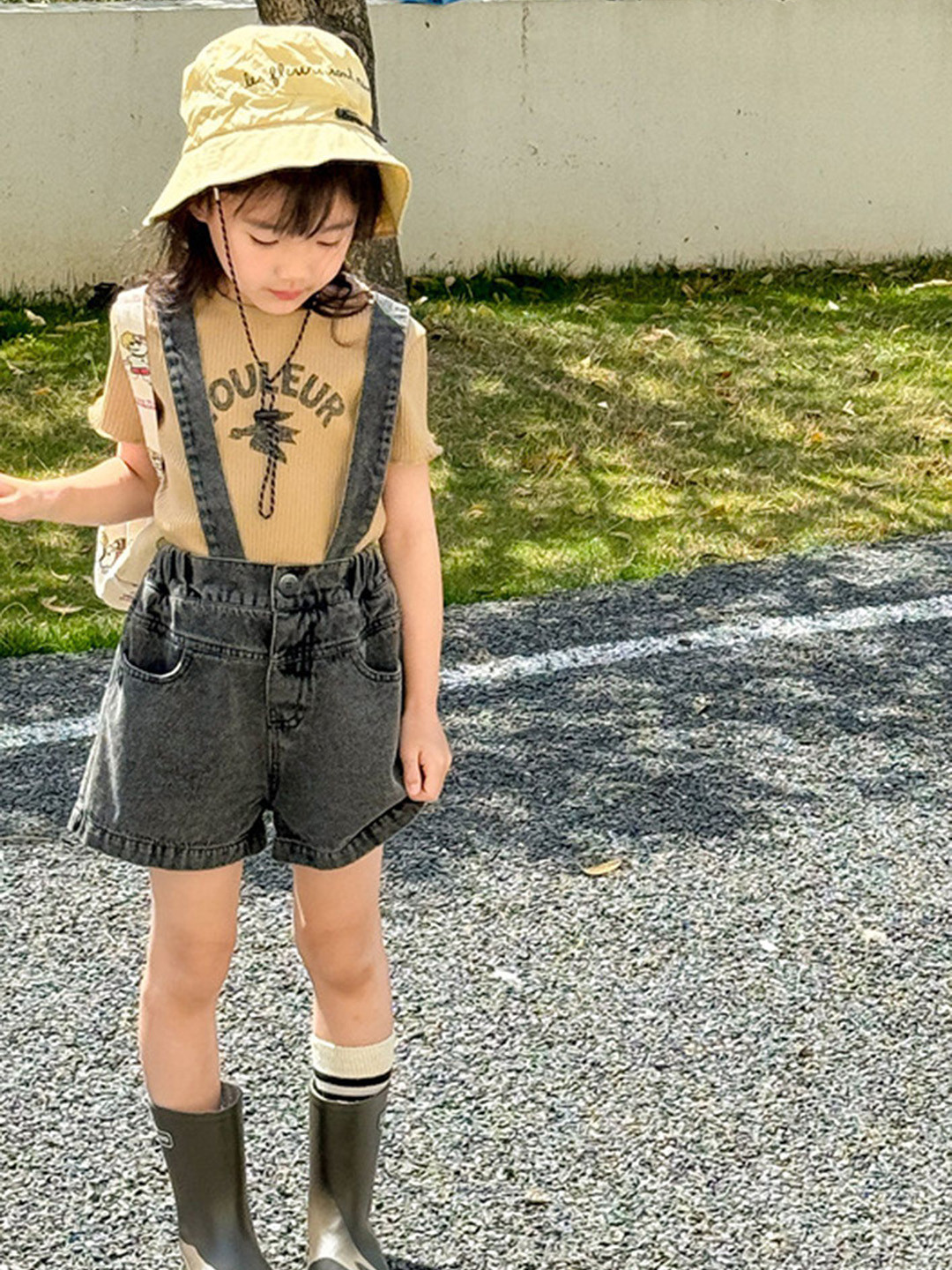 LULU & SKY Girls Washed Relaxed Fit Mid-Rise Denim Suspender Shorts