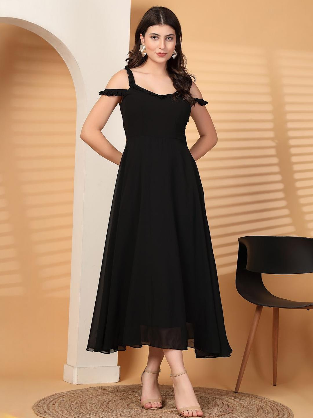 T TRYON ULTIMATE Ruffles Cold-Shoulder Sleeves Fit & Flare Maxi Dress