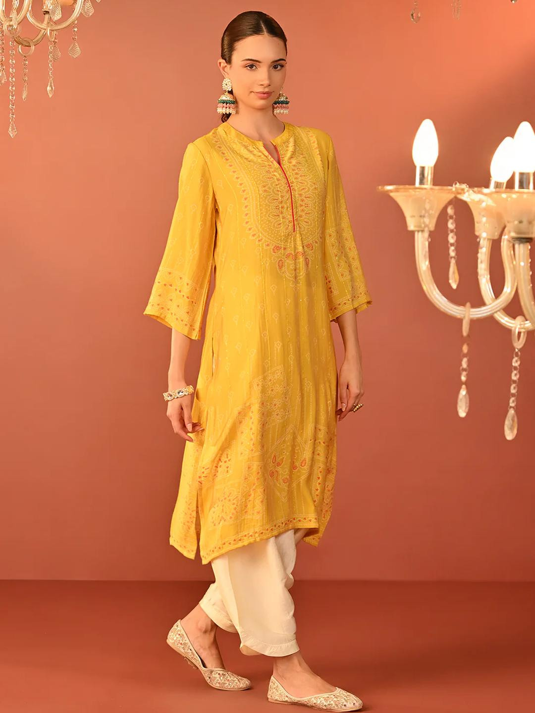 Lakshita Yellow Long Printed Viscose Kurta for Women