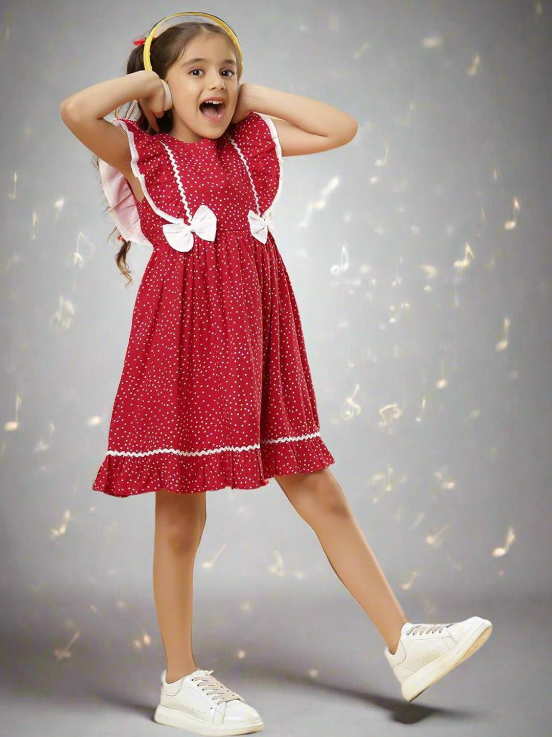 TeenTrums Girls Polka Dot Printed Flutter Sleeves Bow Detail Fit & Flare Dress