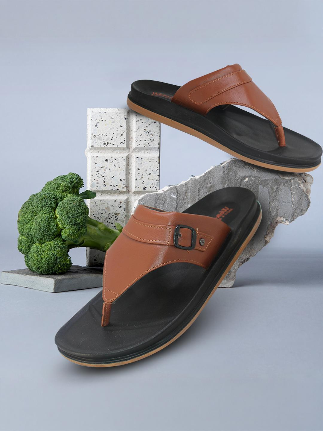 WALKLINE Men Tan & Brown T-Shaped Synthetic Slip-On