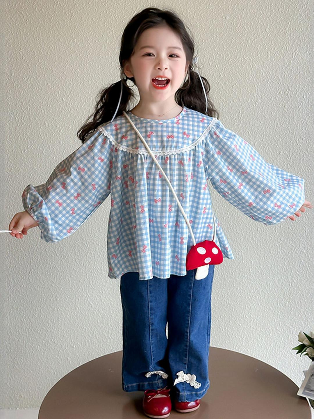 LULU & SKY Girls Gingham Checked Round Neck Top With Trousers