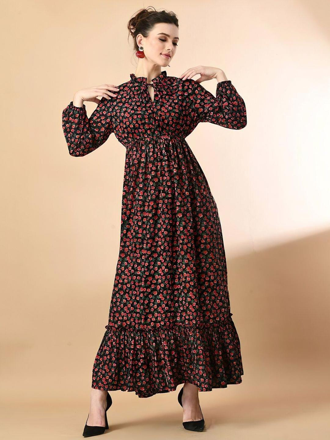 KZULLY STYLE Women Floral Print Tie-Up Neck Fit and Flare Maxi Dress