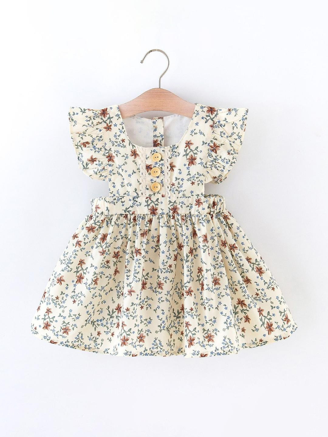LULU & SKY Girls Floral Printed Lace Insert Cut-Outs Flutter Sleeves Fit & Flare Dress