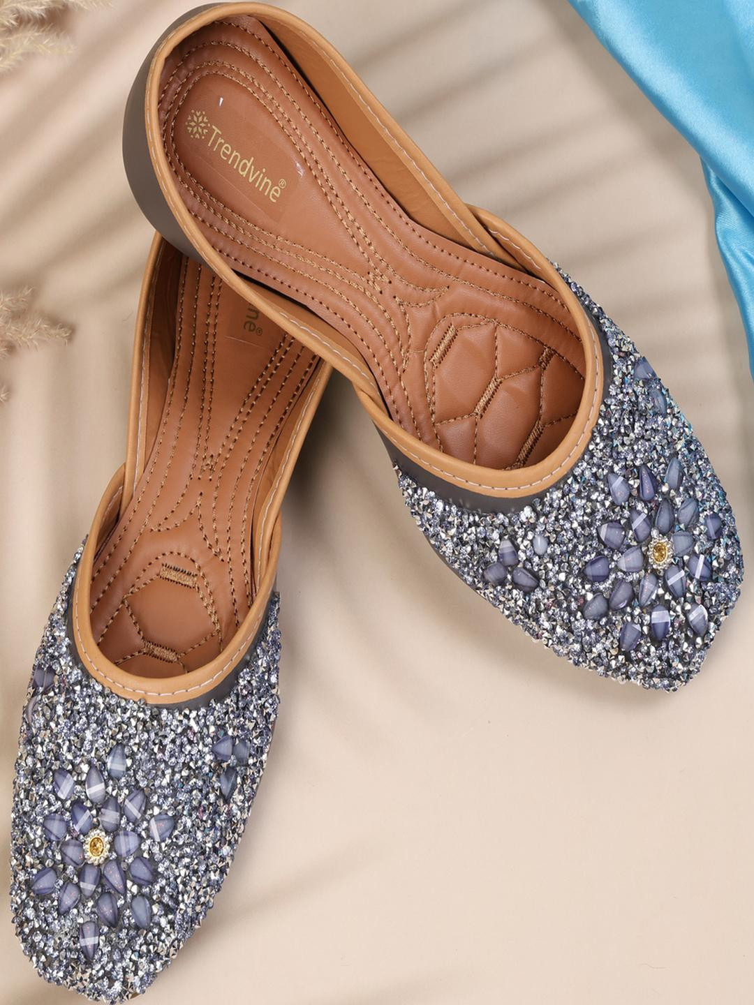 TRENDVINE Women Grey & Brown Stones Embellished Party Slip-On Mojaris