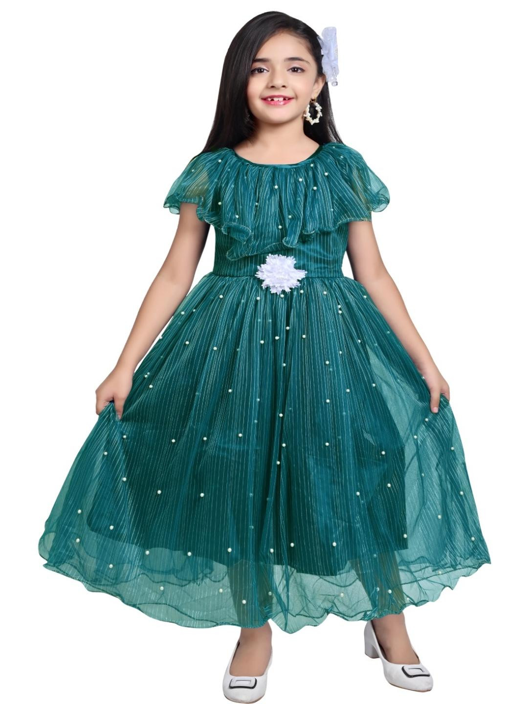Hariyal Creation Girls Green With White Pearls Fit & Flare Maxi Dress