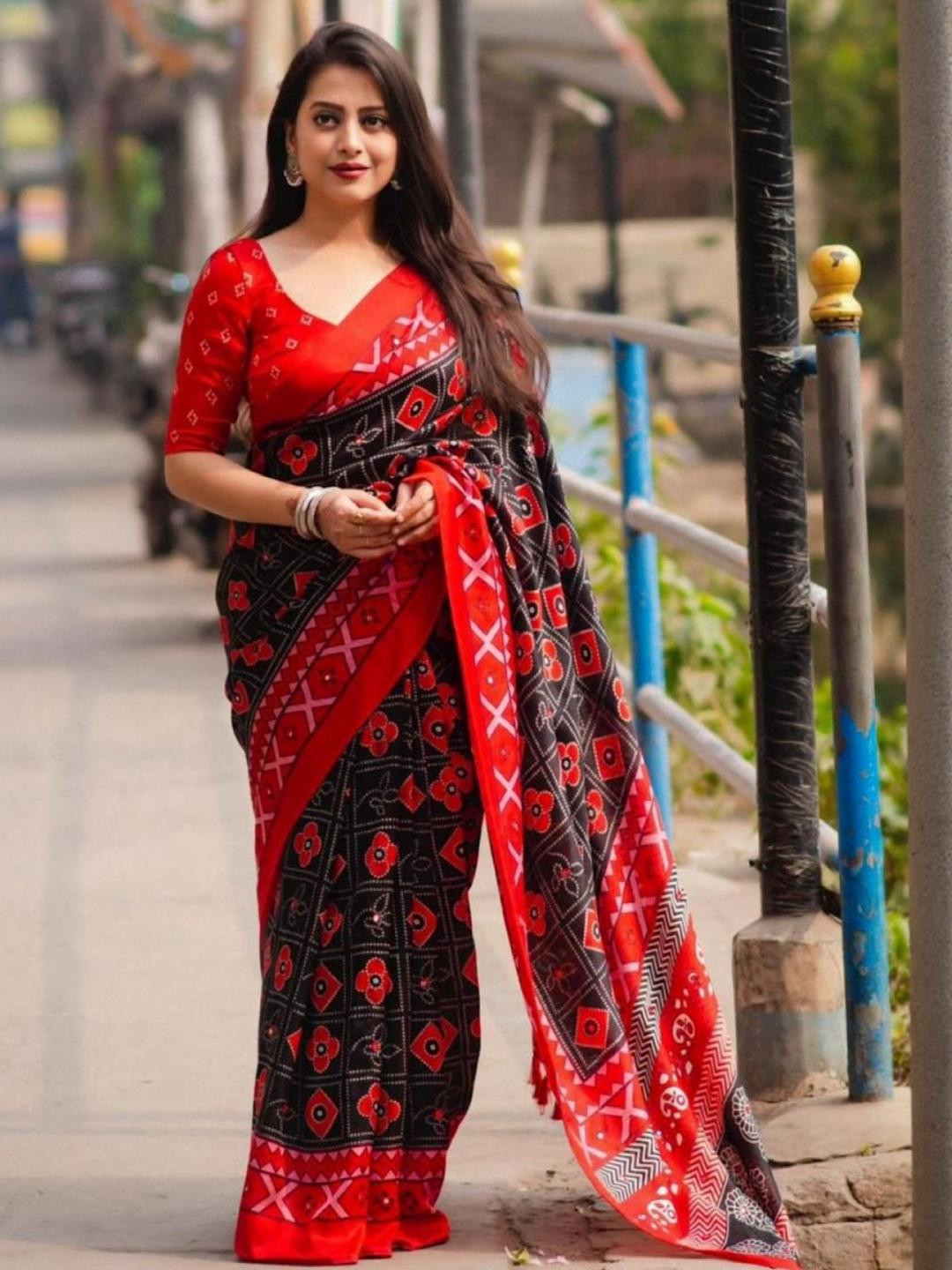 KALINI Geometric Printed Kashmiri Silk Saree With Unstitched Blouse Piece