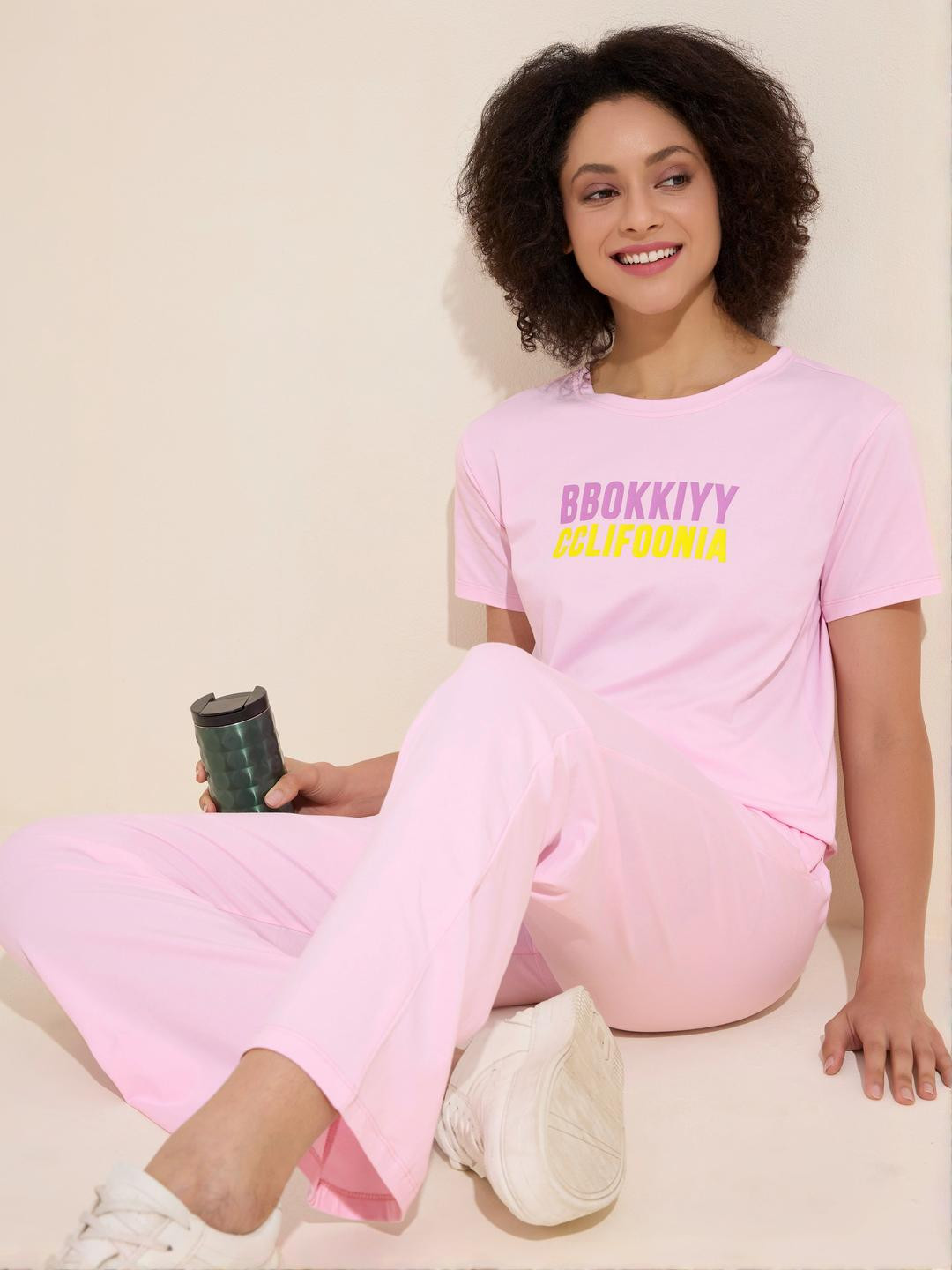 LOTIK Women Pink Cotton Lycra Solid Bell Bottom  Set