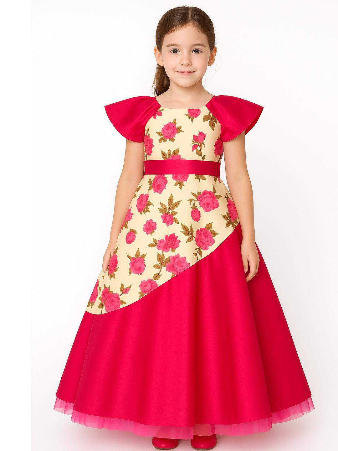 My Lil Princess Girls Cream & Pink Floral Print Party Gown
