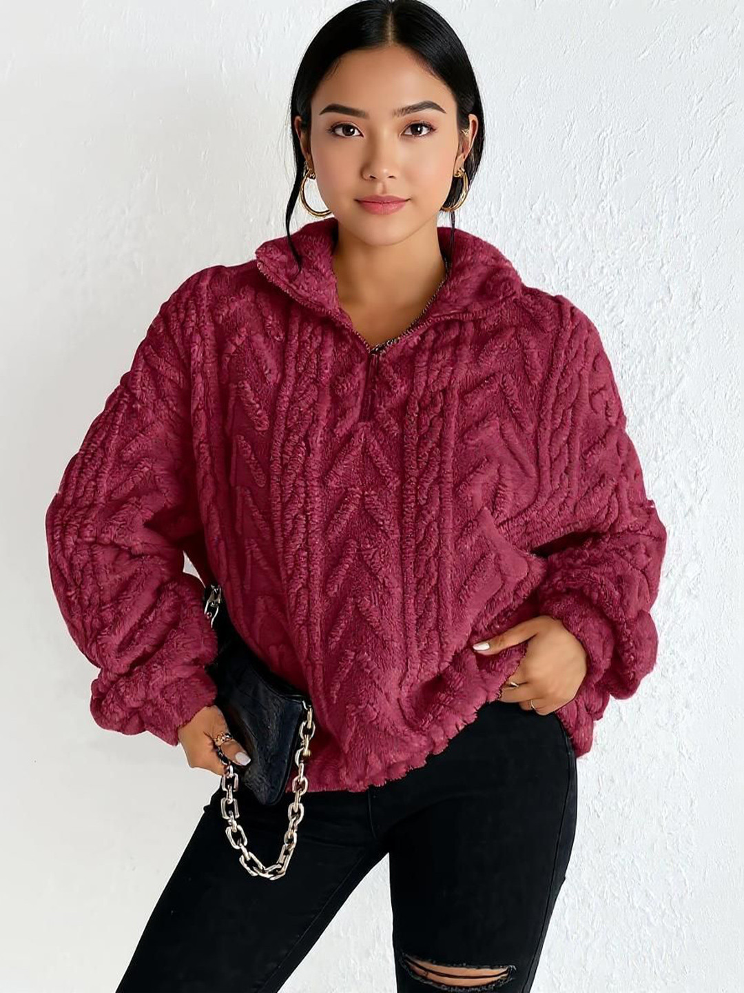 bebe Women Cable Knit Full Sleeve Mock Neck Sweaters