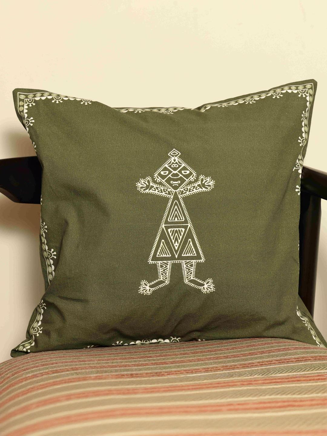 Crown of Poppies Sacred Geometry Olive Rajasthani Mandana Series Cushion Cover