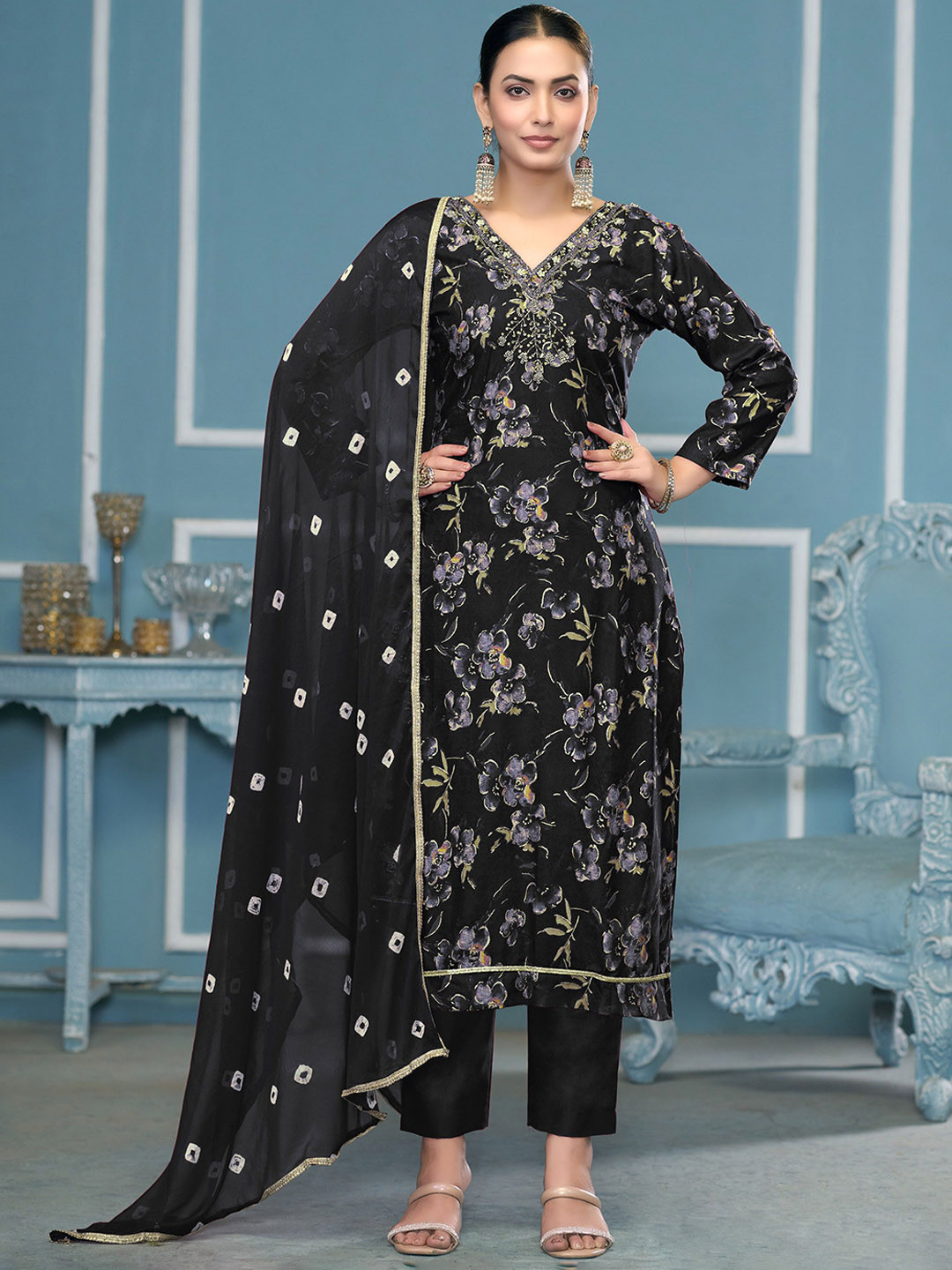 MANVAA Floral Embroidered Beads And Stones Pure Cottonn Unstitched Dress Material