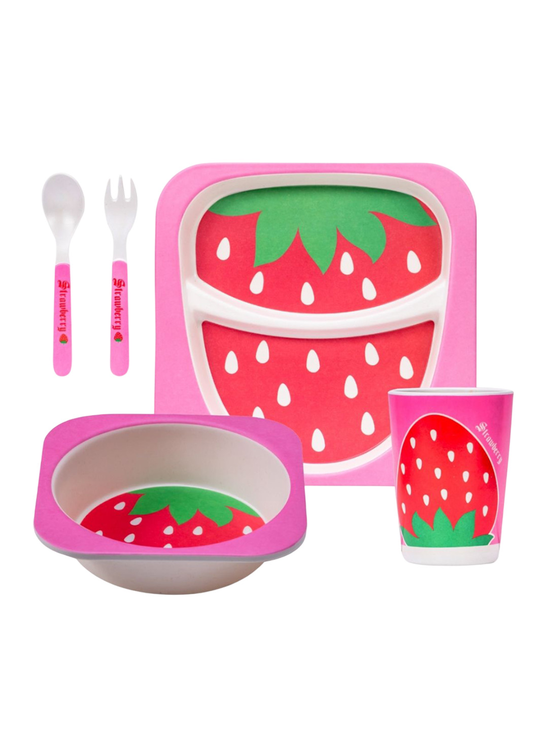 Adore Kids 5Pcs Pink & Red Printed Bamboo Baby Utensils Set