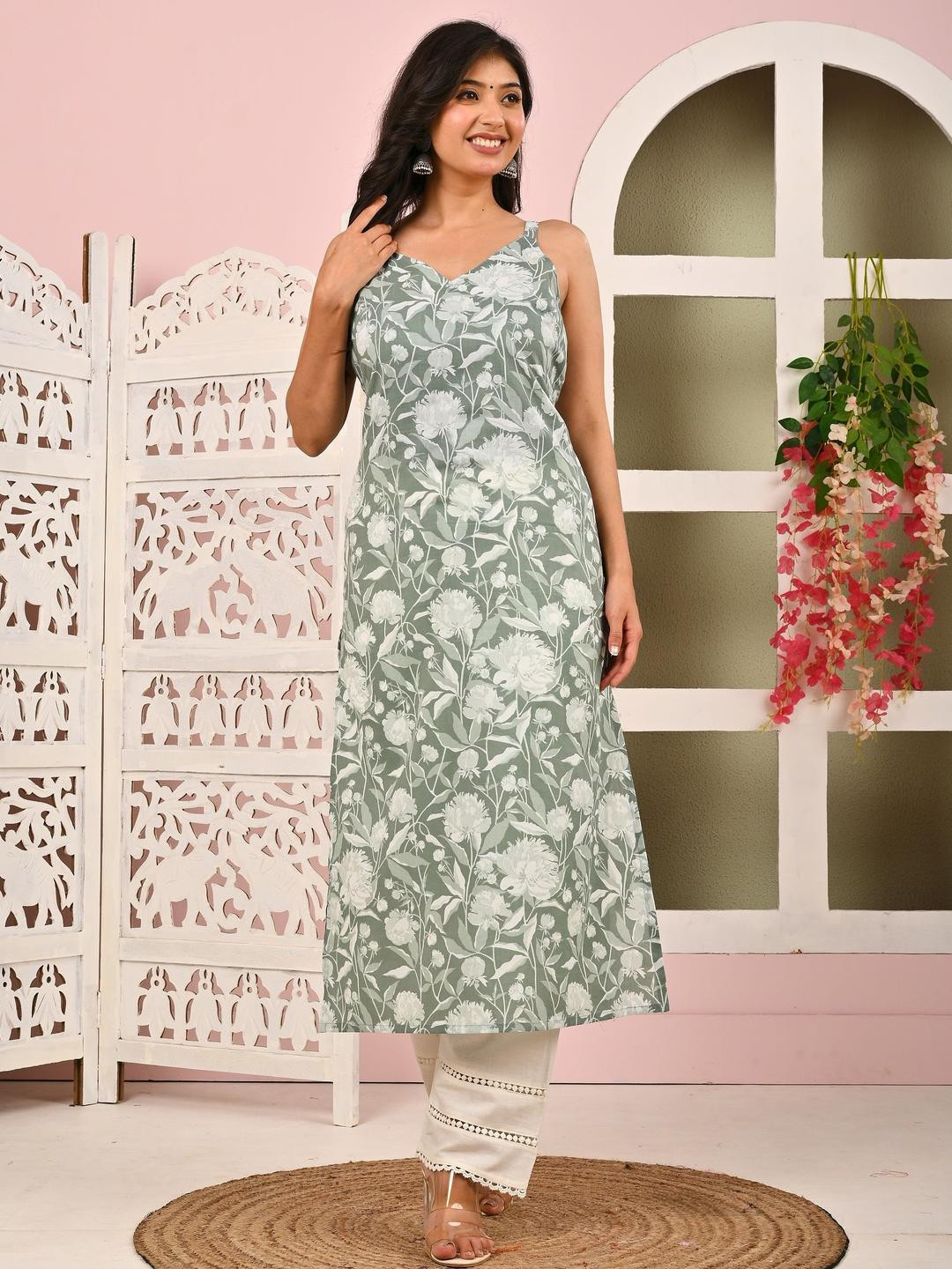 KEIYONA Women Floral Printed Daily Cotton Straight Kurta