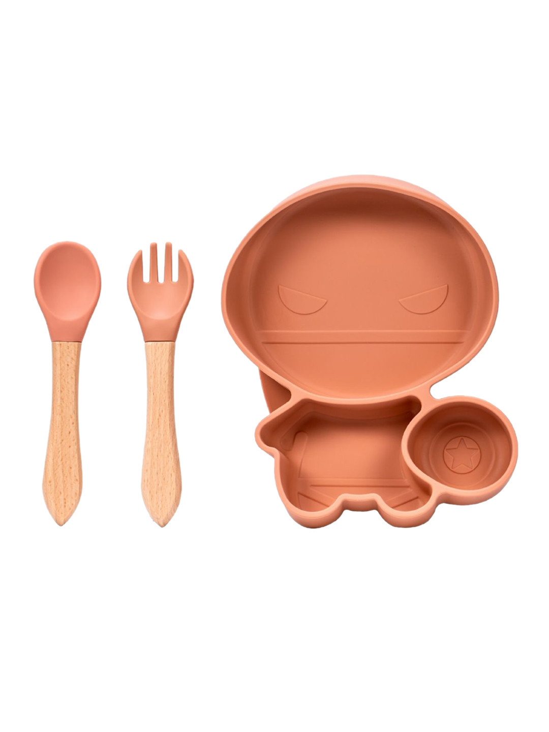 Adore Kids 3Pcs Orange-Colored & Brown Textured Silicone & Bamboo Baby Utensils Set