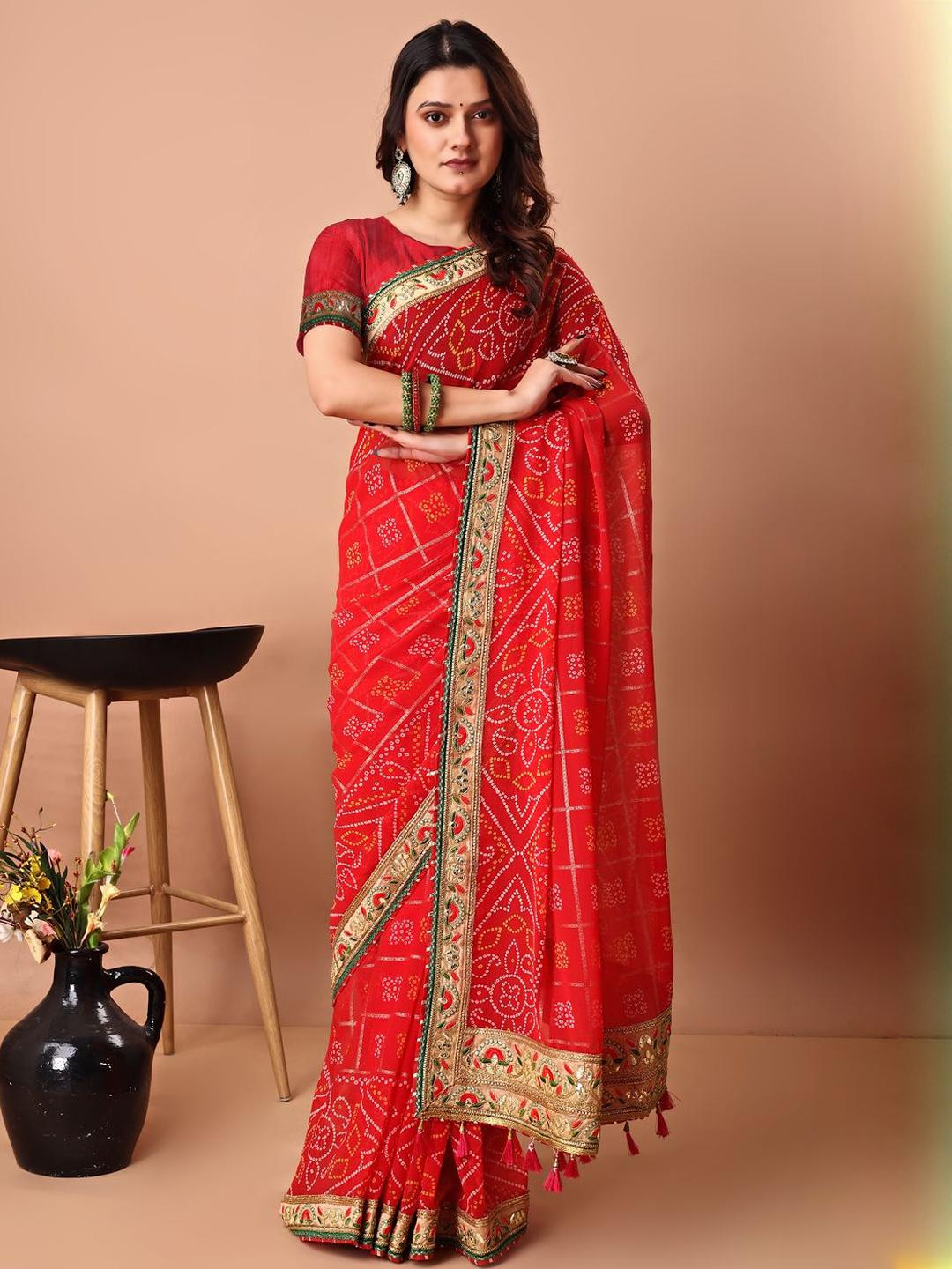 KALINI Bandhani Gotta Patti Poly Georgette Bandhani Saree