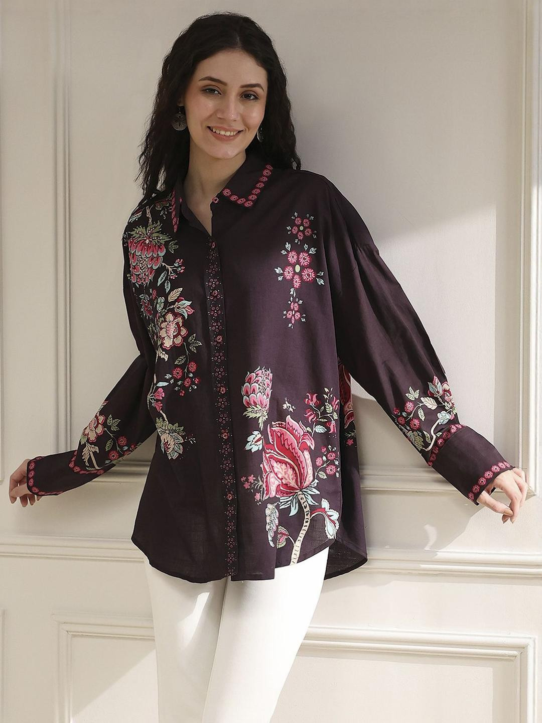 Biba Women Floral Printed Shirt Collar Tunic