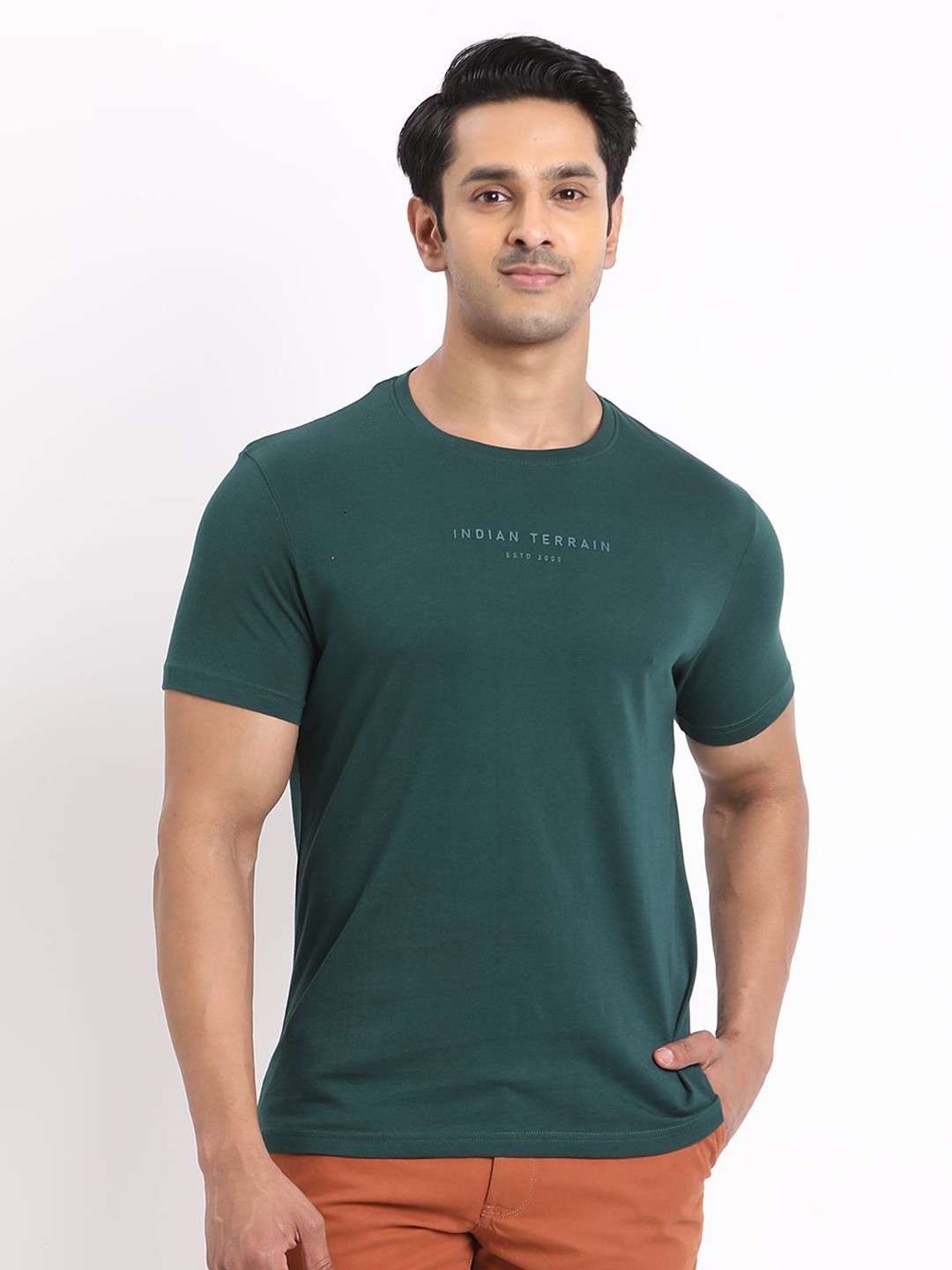 Indian Terrain Brand Logo Printed Round Neck Short Sleeves Pure Cotton T-Shirt