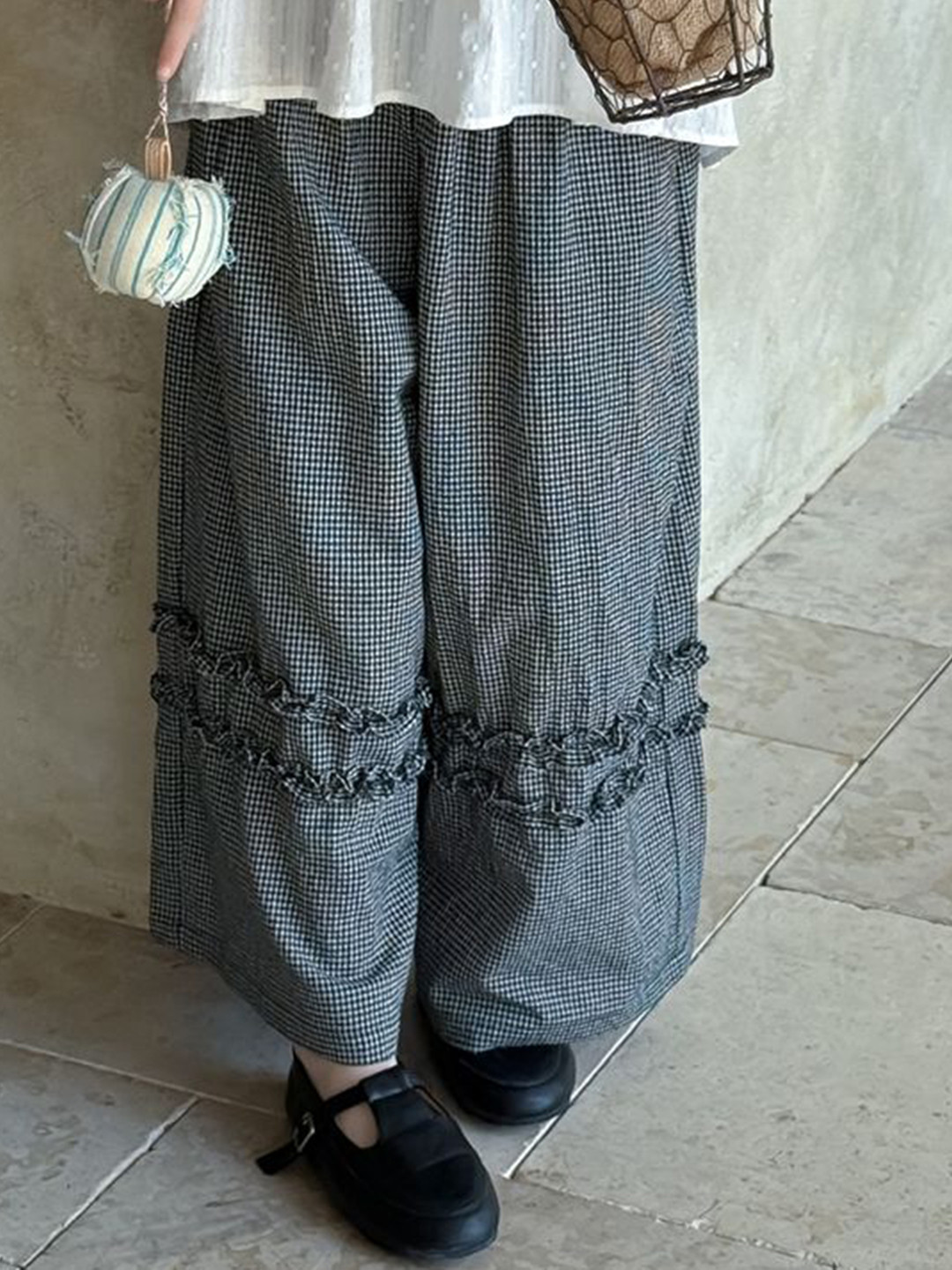 LULU & SKY Girls Check Printed Ruffle Trimmed Wide Leg High-Rise Trousers