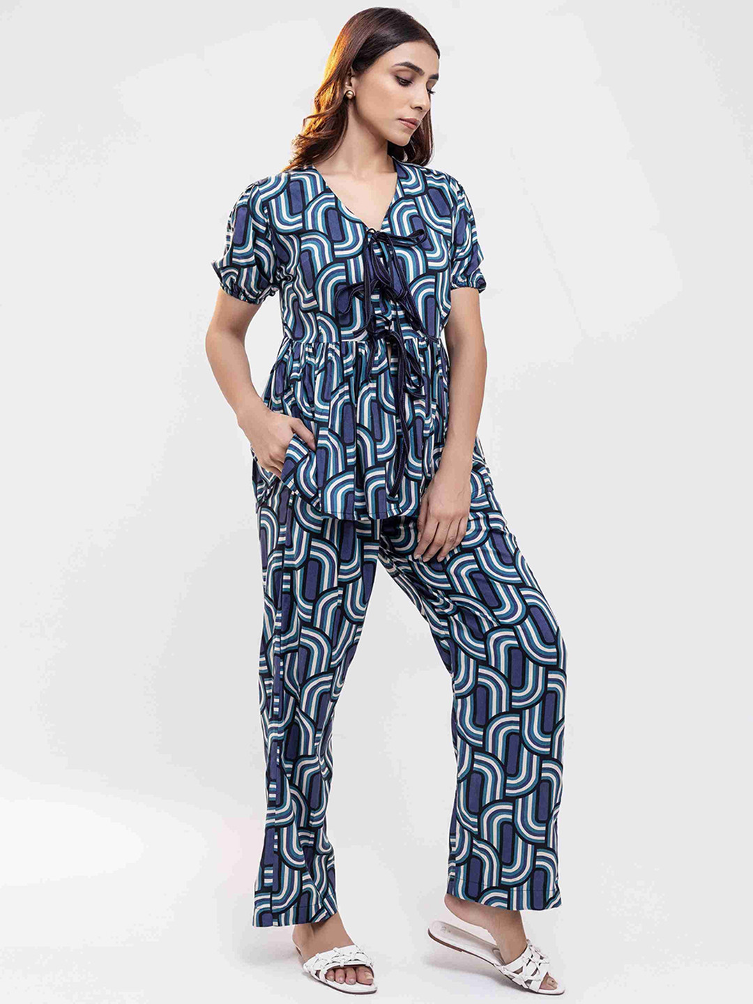 Luxe Weaves Printed V-Collar Peplum-Top With Trouser Co-Ords