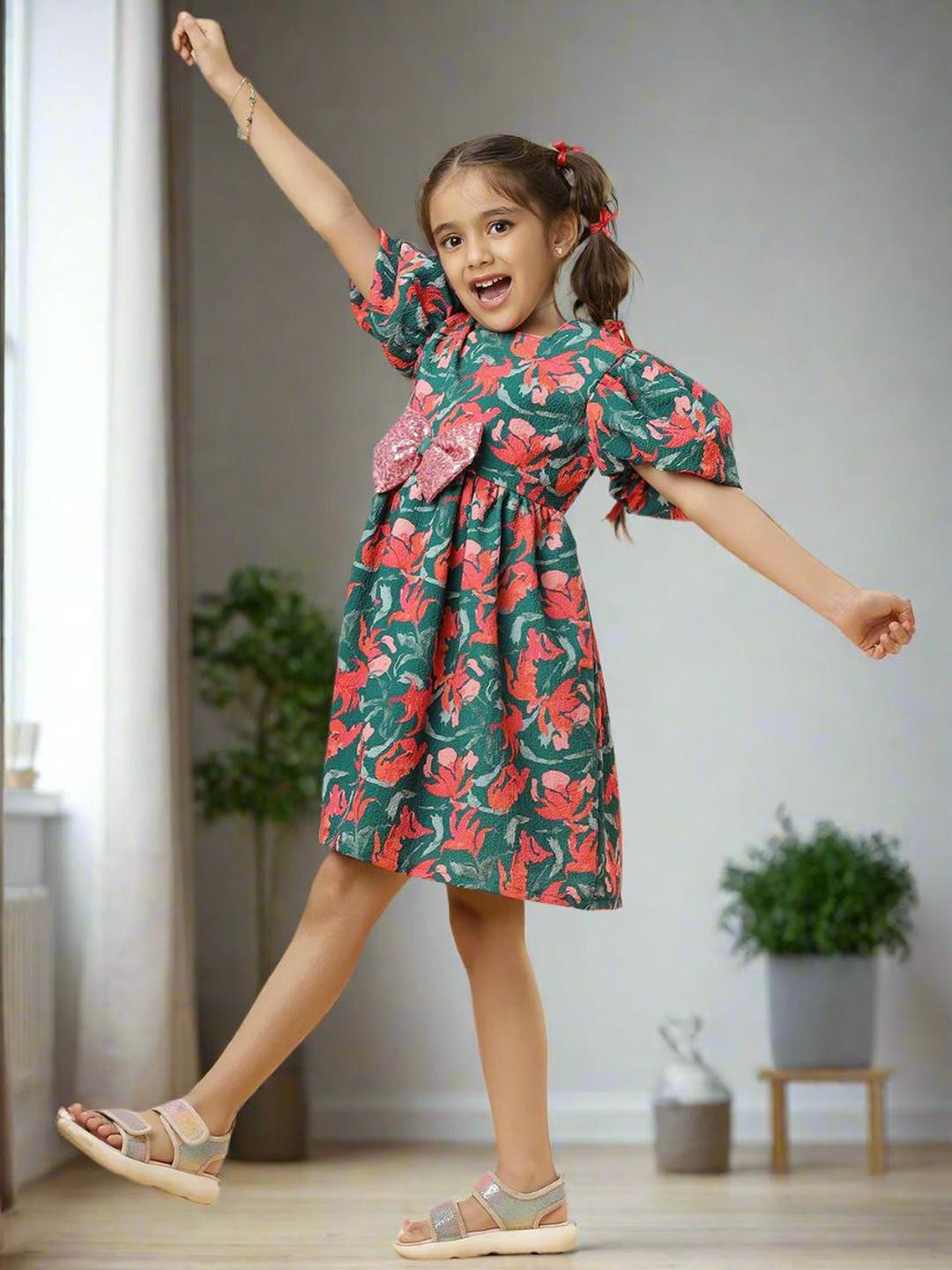 TeenTrums Ishki Pushki Girls Floral Print Puff Sleeve Square Neck Fit & Flare Dress